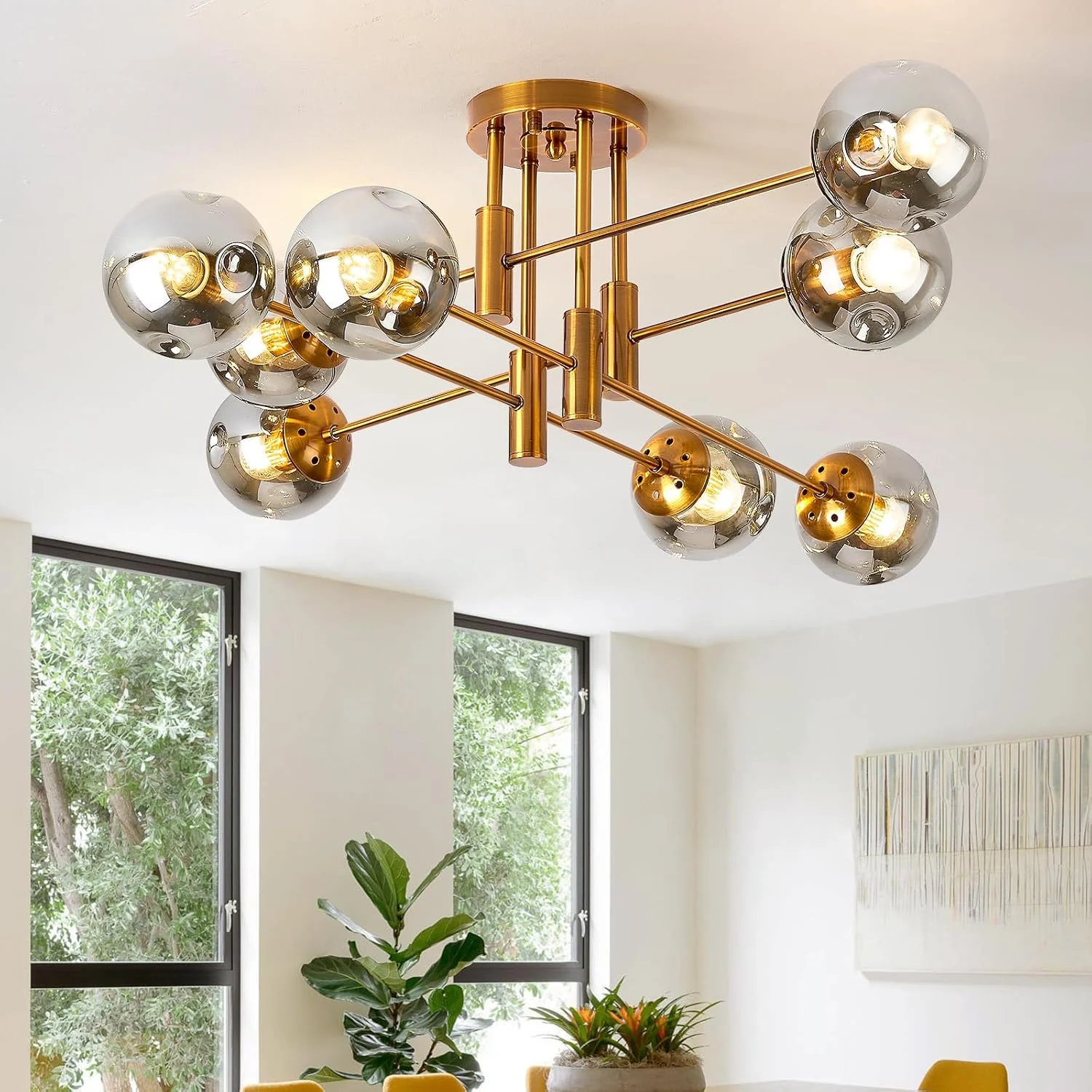 6-Light Glass Globe Sputnik Chandelier Modern Matte Black and Gold Ceiling Light Fixture Vintage Hanging - Image 3