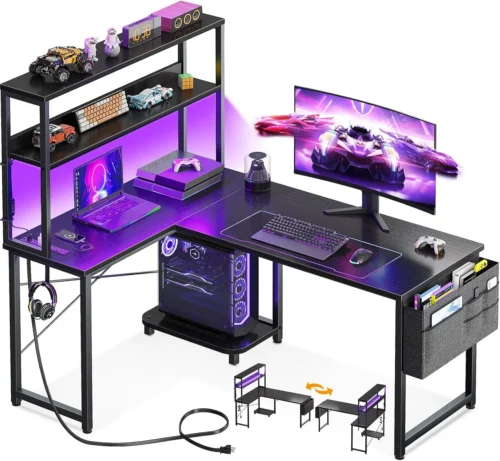 L Shaped Desk Gaming Desk with LED Light & Power Outlet, 53 Inch Black Reversible L Shaped Computer Table with