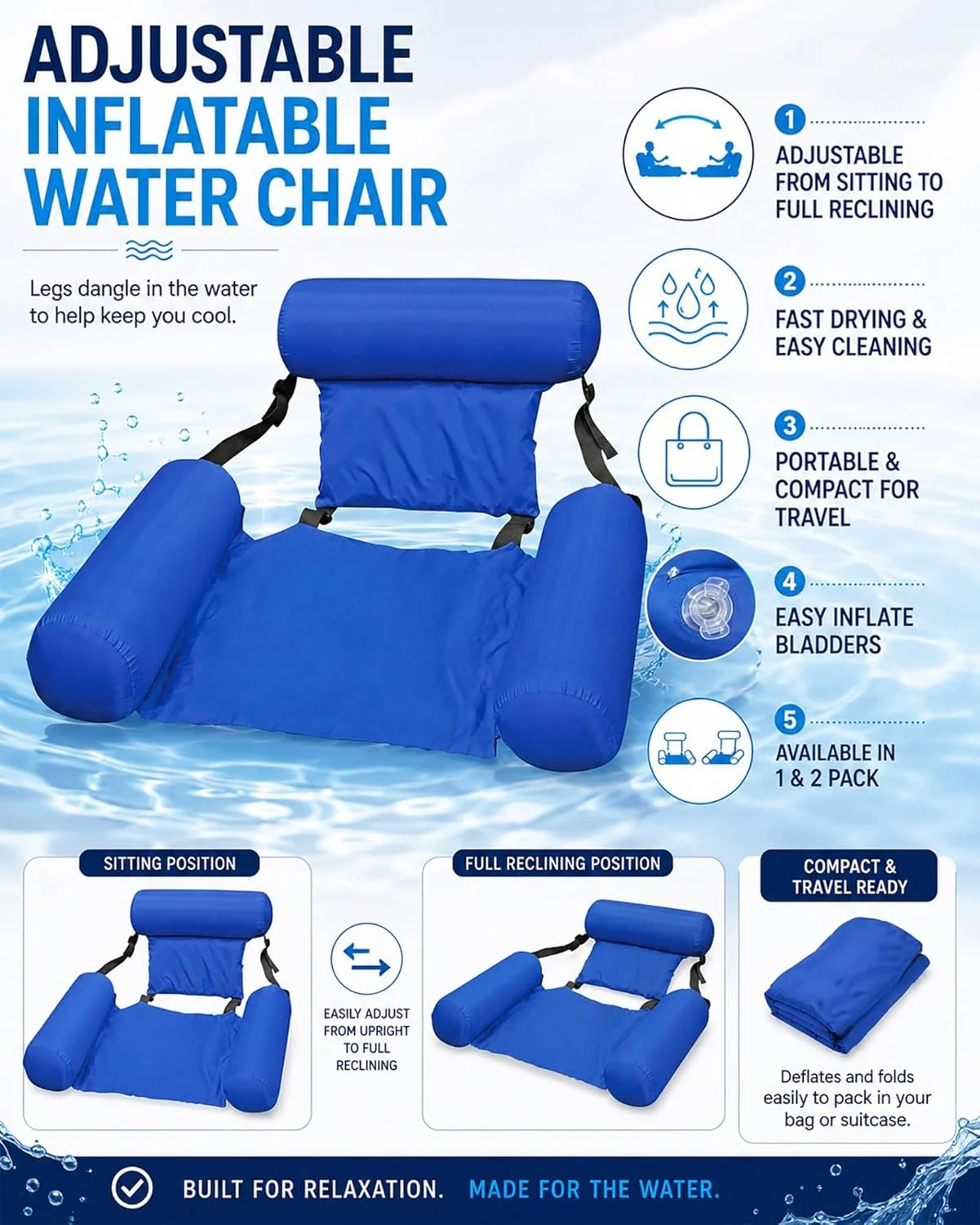 2-Pack Water Chair Inflatable Pool Float Lounges for Adults, Adjustable Reclining Water Chairs for Pool - Image 7