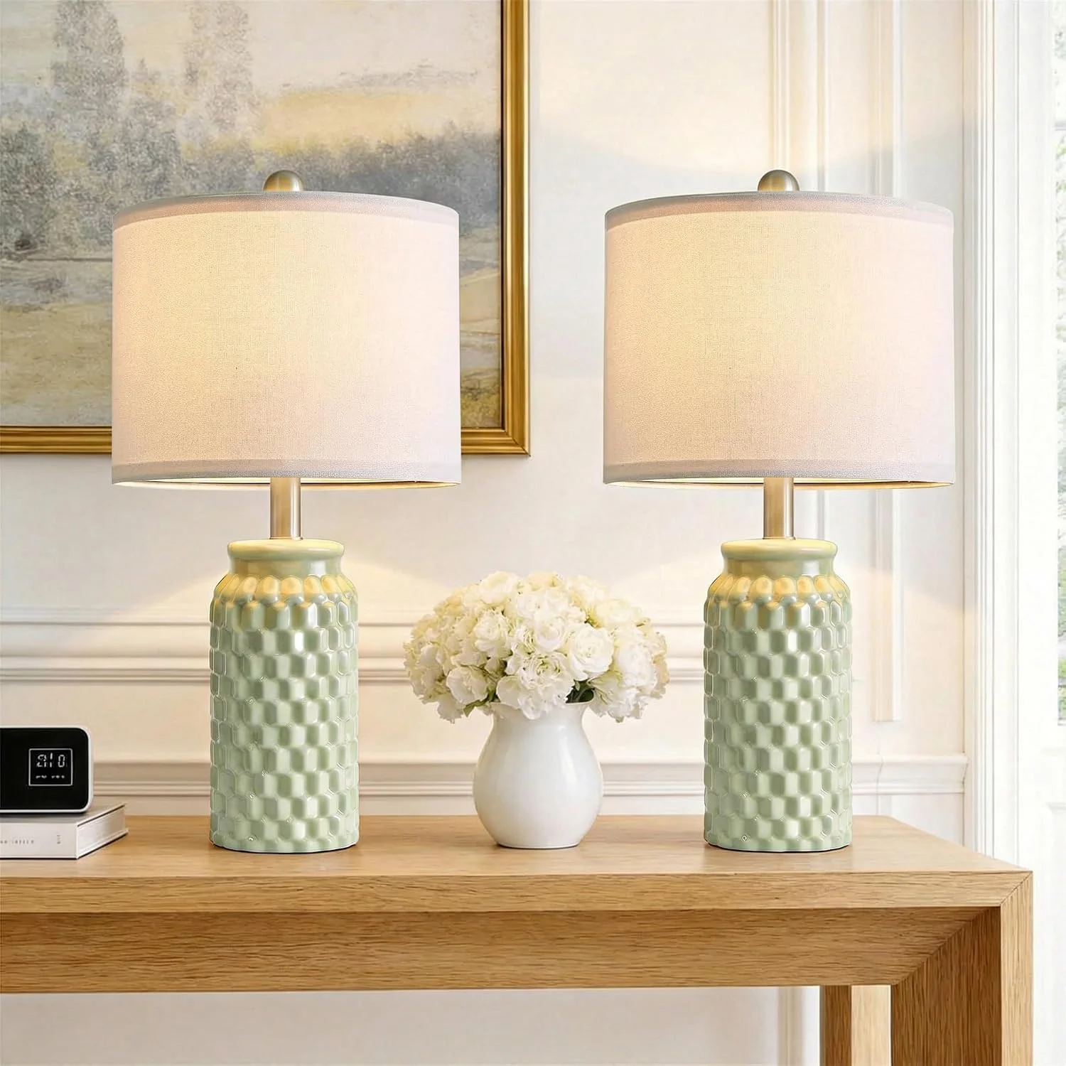 20.5 Small Bedside Lamp Set of 2 with 5FT Cord, Green Ceramic Modern Farmhouse Table Lamps for Nightstand - Image 2