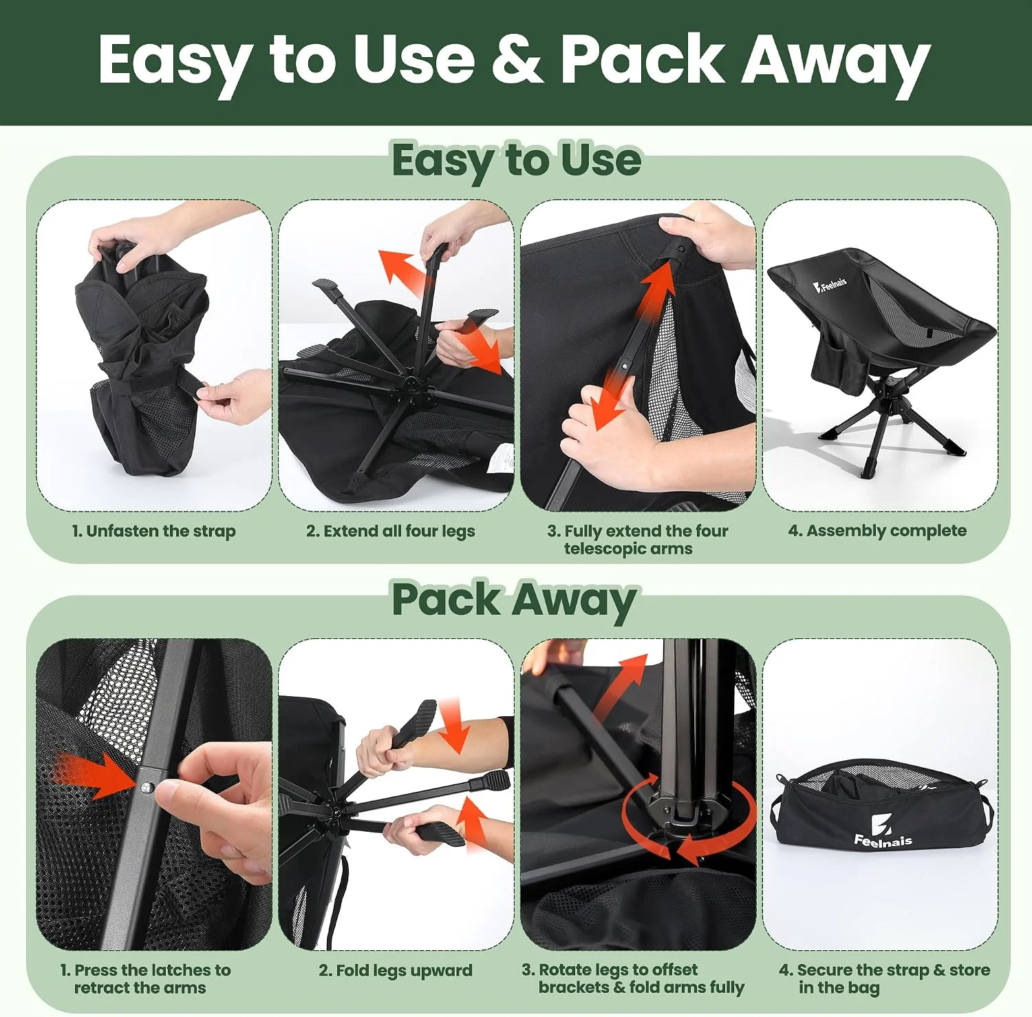 Portable Camping Chairs Compact, 360?? Swivel Folding Chair, Lightweight 3.5lbs, Metal Frame Holds up to 330lbs - Image 7