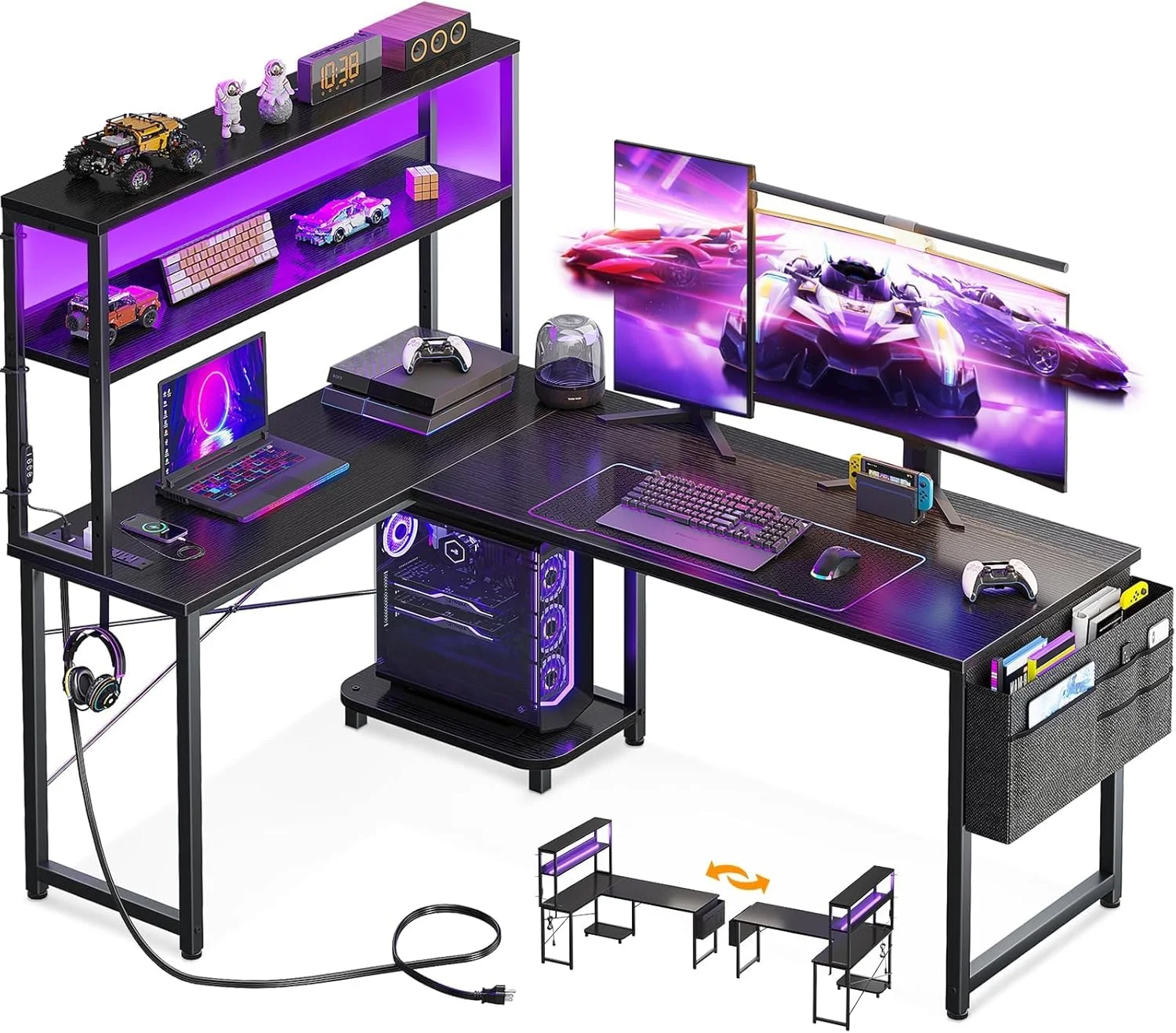 L Shaped Desk Gaming Desk with LED Light & Power Outlet, 53 Inch Black Reversible L Shaped Computer Table with - Image 2