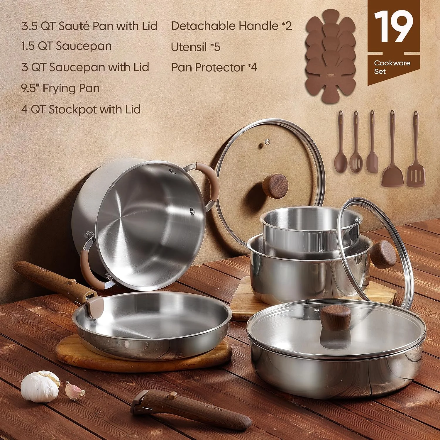 19pcs Stainless Steel Cookware Set with Detachable Handle, Pots and Pans Set - Image 2