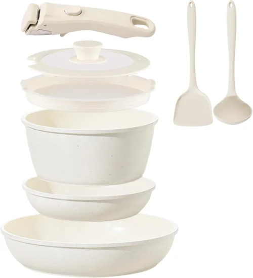 Alternative view of Ceramic Cookware Set Non Stick 8Pcs Pots and Pans Set Detachable Handle Induction Kitchen Cooking Set with Frying Pans Oven Dishwasher Safe, PFAS/PFOA Free, Cream White
