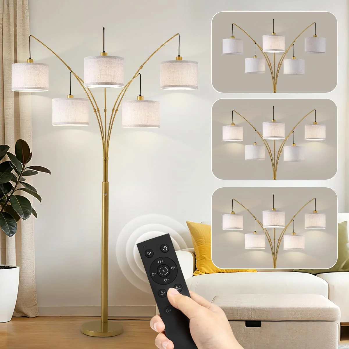3 Light Arc Floor Lamp with Remote, Beige Shade Black Pole - Image 2