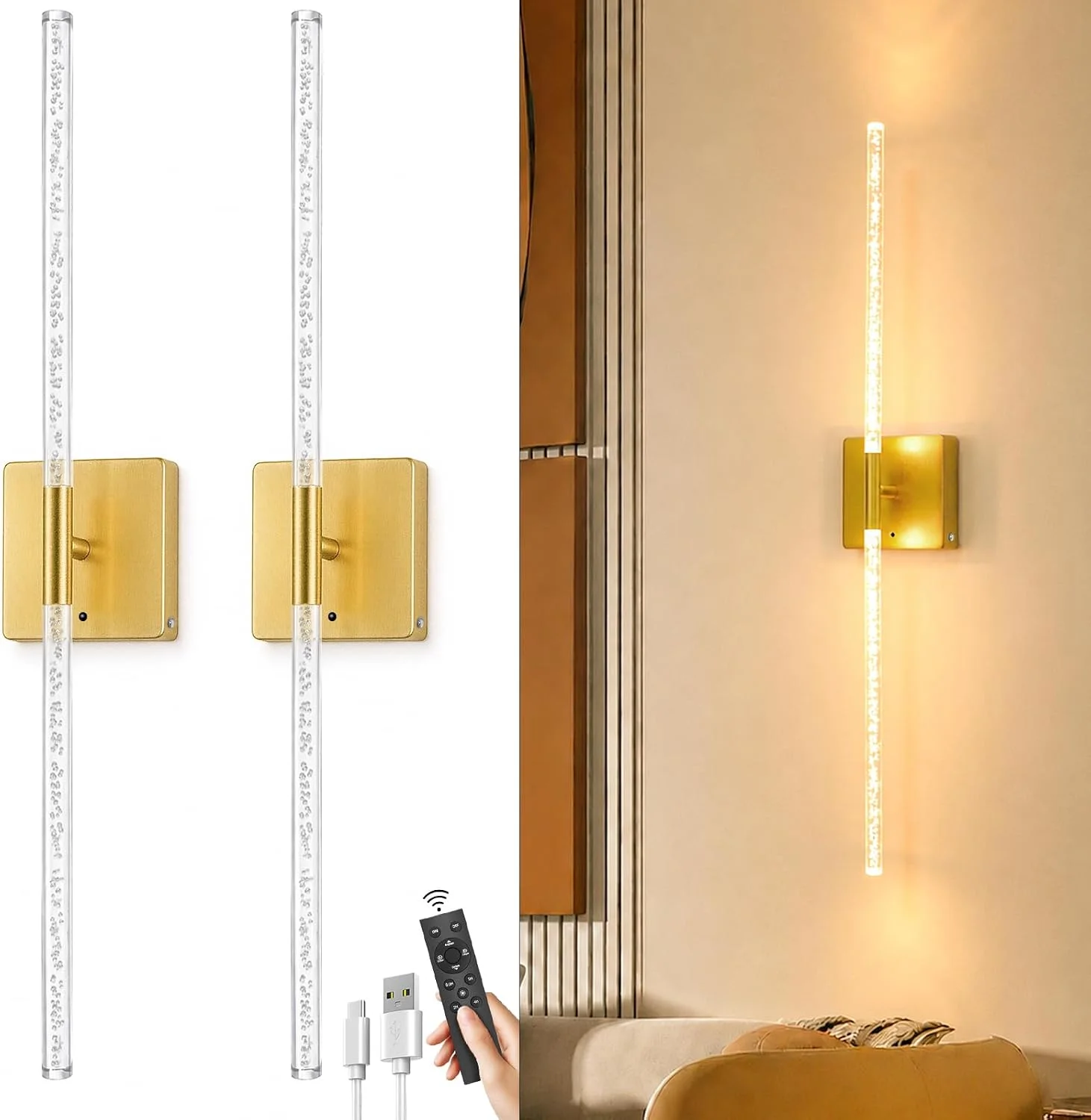 Battery Operated Wall Sconces Set of 2: 10000mAh Rechargeable Wireless Wall Lights, 360?? Rotatable Magnetic Wall Lamp