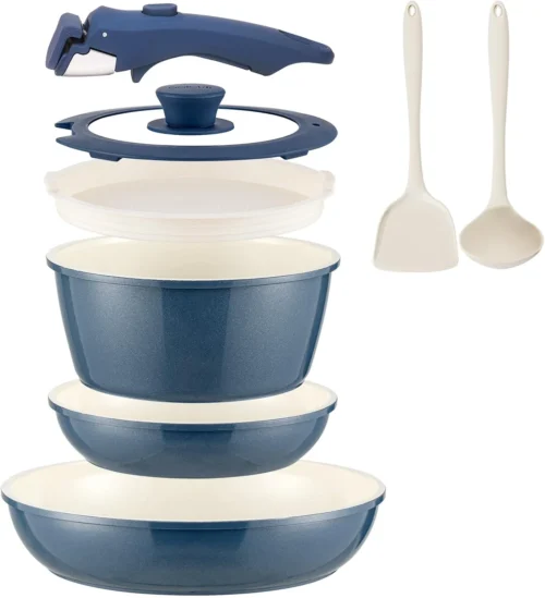 Ceramic Cookware Set Non Stick 8Pcs Pots and Pans Set Detachable Handle Induction Kitchen Cooking Set with Frying Pans Oven Dishwasher Safe, PFAS/PFOA Free, Cream White