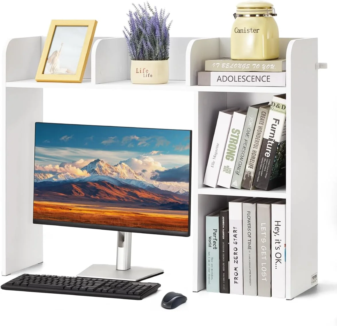 Wood Desk Shelf, Desktop Bookshelf, Desk Storage Hutch with 6 Shelves, Office Countertop Organizer 3-Tier Display Rack, with Anti-Slip Feet Pads, for Office, Home & Dorm, White - Image 6