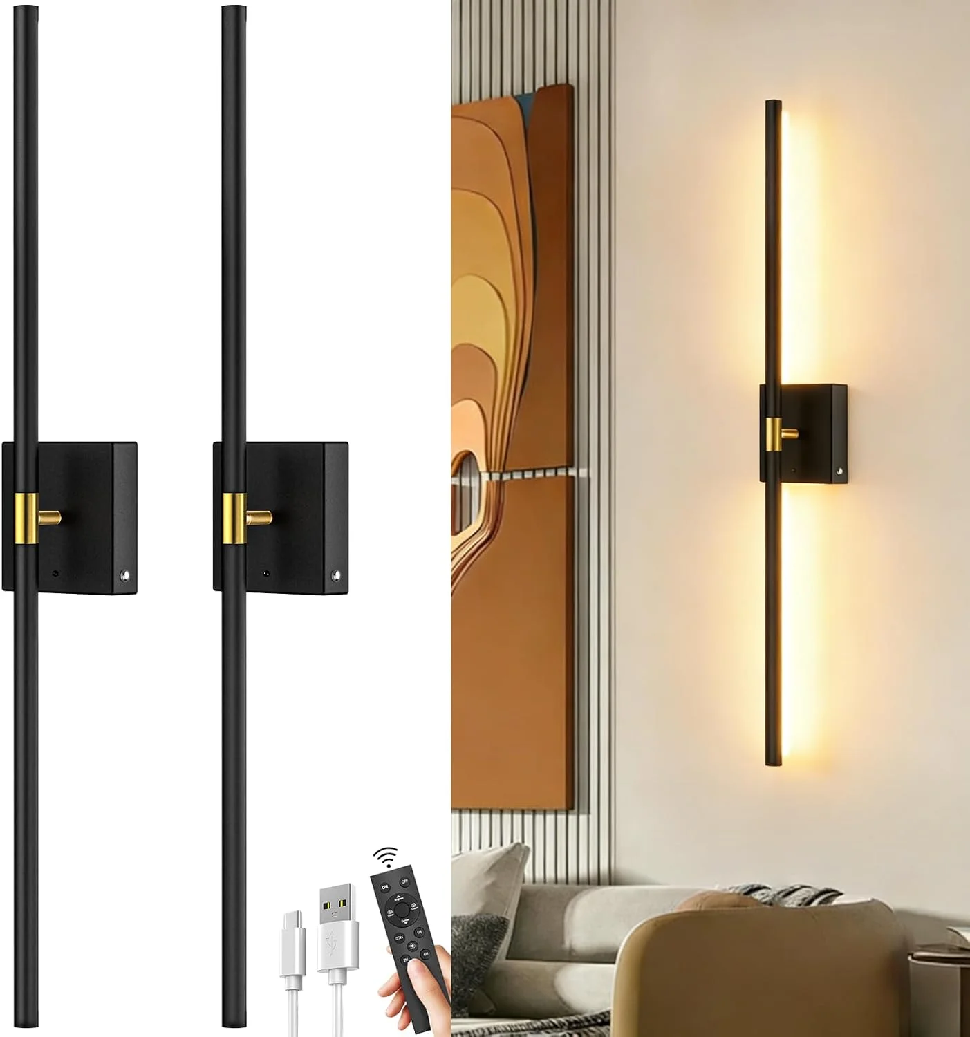 Battery Operated Wall Sconces Set of 2: 10000mAh Rechargeable Wireless Wall Lights, 360?? Rotatable Magnetic Wall Lamp - Image 2