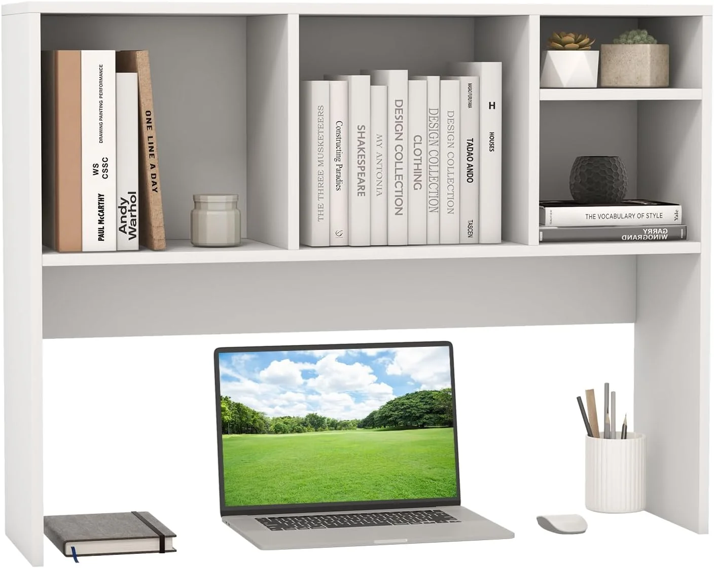 Desktop Bookshelf, 37 Desk Hutch Dorm for Computer Up to 32 Inch, Countertop Hutch w/6 Storage Shelves, 3-Tier Desktop Organizer Display Rack, Wood Desk Shelf for Home Office (Natural) - Image 7
