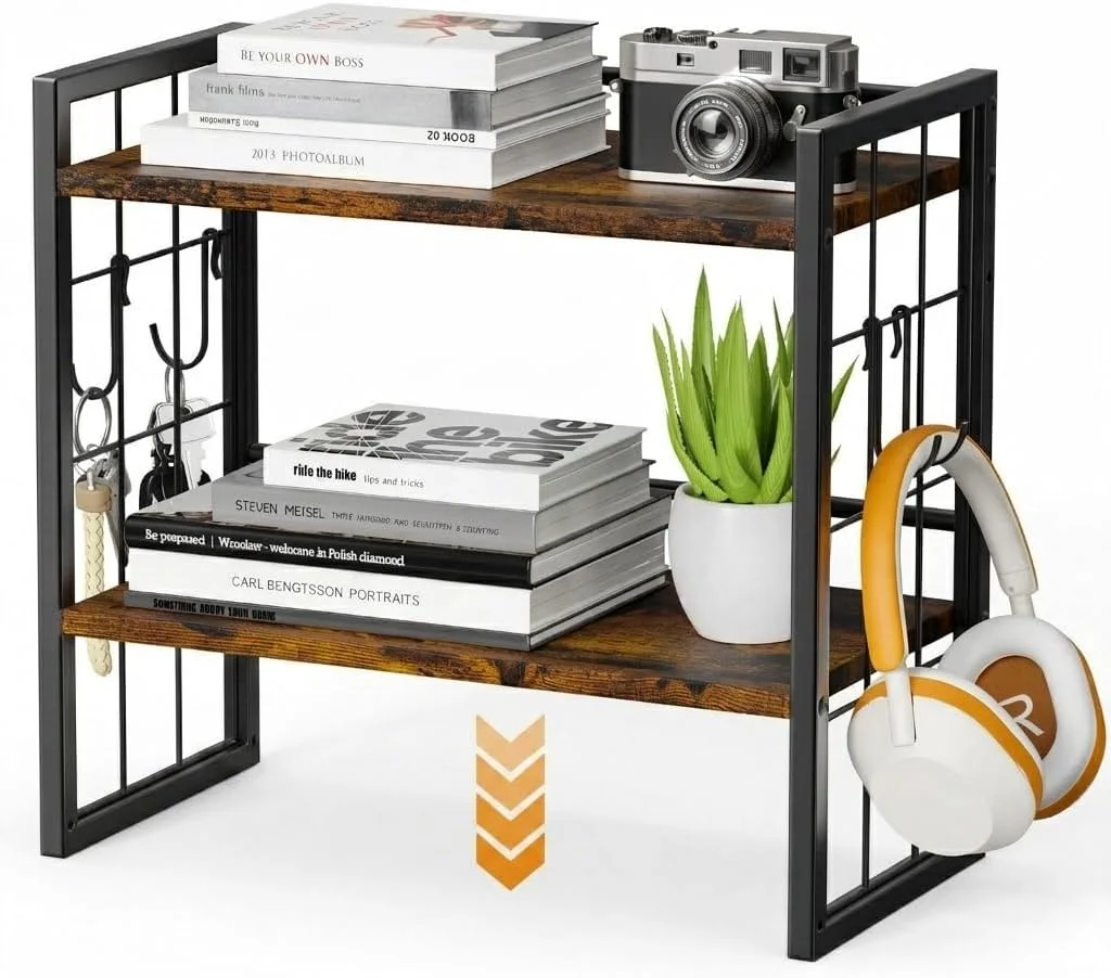 Office Desk Shelf Organizer, Wood Desktop Bookshelf Supplies Storage Rack, Shelf for Top of Desk and Dresser (Black-2 Tier) - Image 4