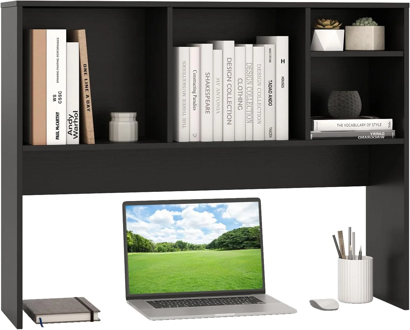 Desktop Bookshelf, 37 Desk Hutch Dorm for Computer Up to 32 Inch, Countertop Hutch w/6 Storage Shelves, 3-Tier Desktop Organizer Display Rack, Wood Desk Shelf for Home Office (Natural) - Image 14