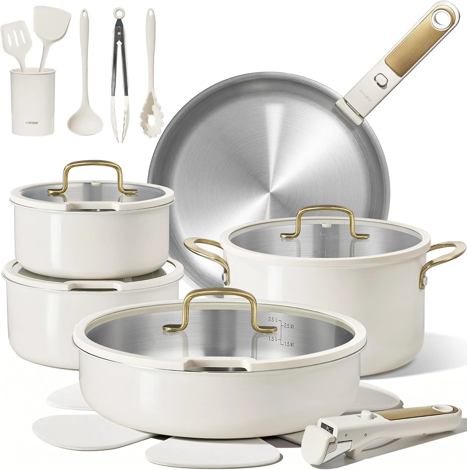 CAROTE 21pcs Tri-Ply Stainless Steel Cookware Set with Detachable Handle