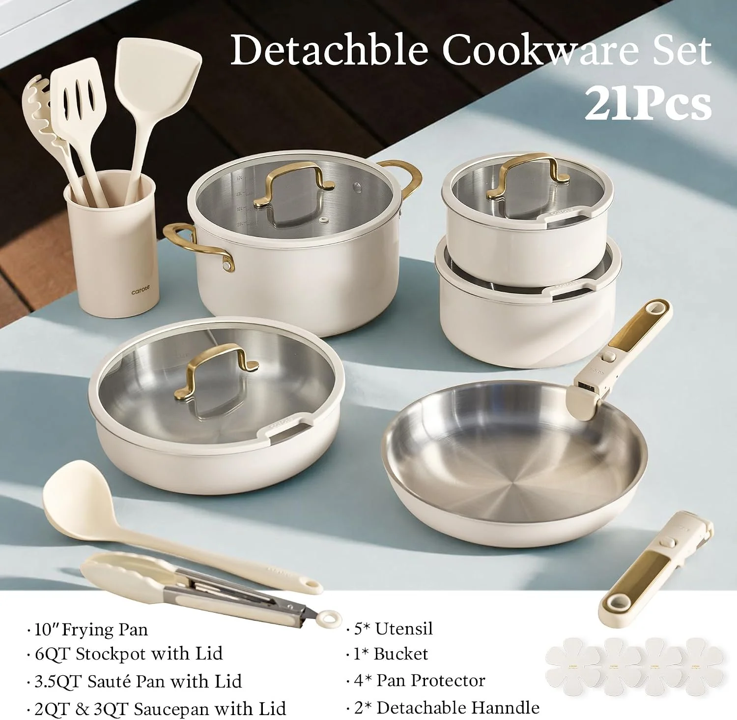 CAROTE 21pcs Tri-Ply Stainless Steel Cookware Set with Detachable Handle - Image 2