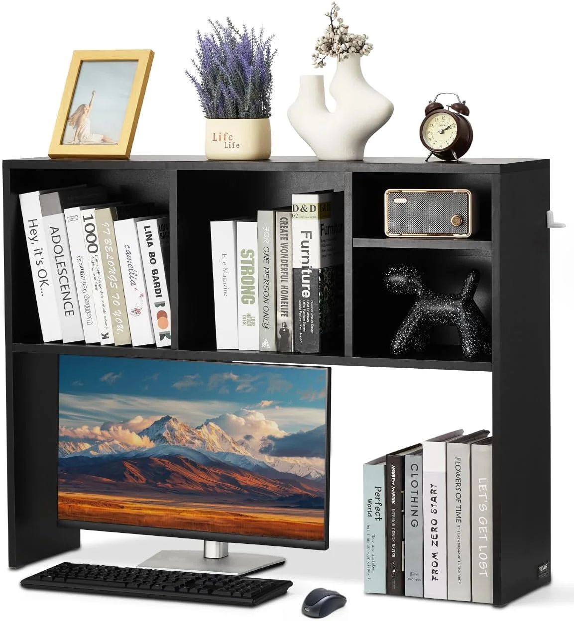 Wood Desk Shelf, Desktop Bookshelf, Desk Storage Hutch with 6 Shelves, Office Countertop Organizer 3-Tier Display Rack, with Anti-Slip Feet Pads, for Office, Home & Dorm, White
