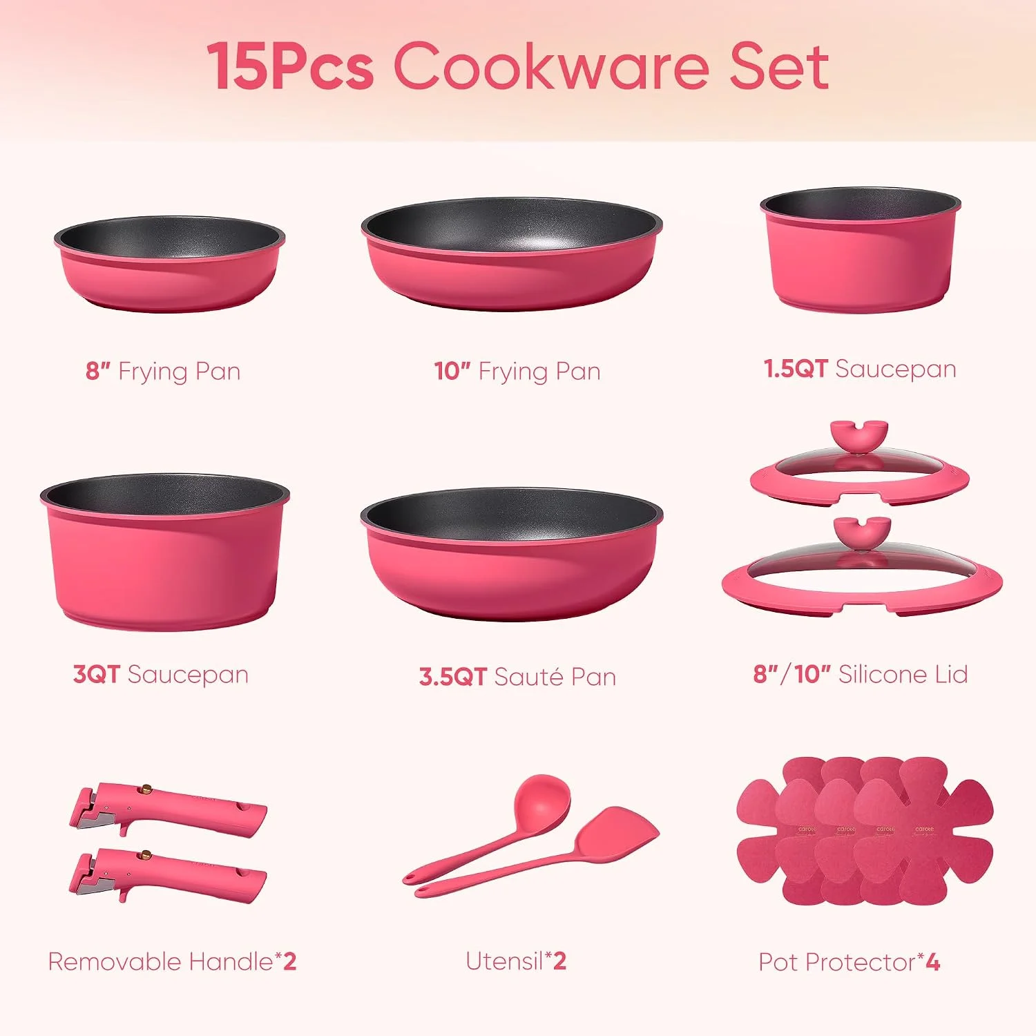 CAROTE 15pcs Pots and Pans Set Non Stick, Cookware Set Detachable Handle - Image 2