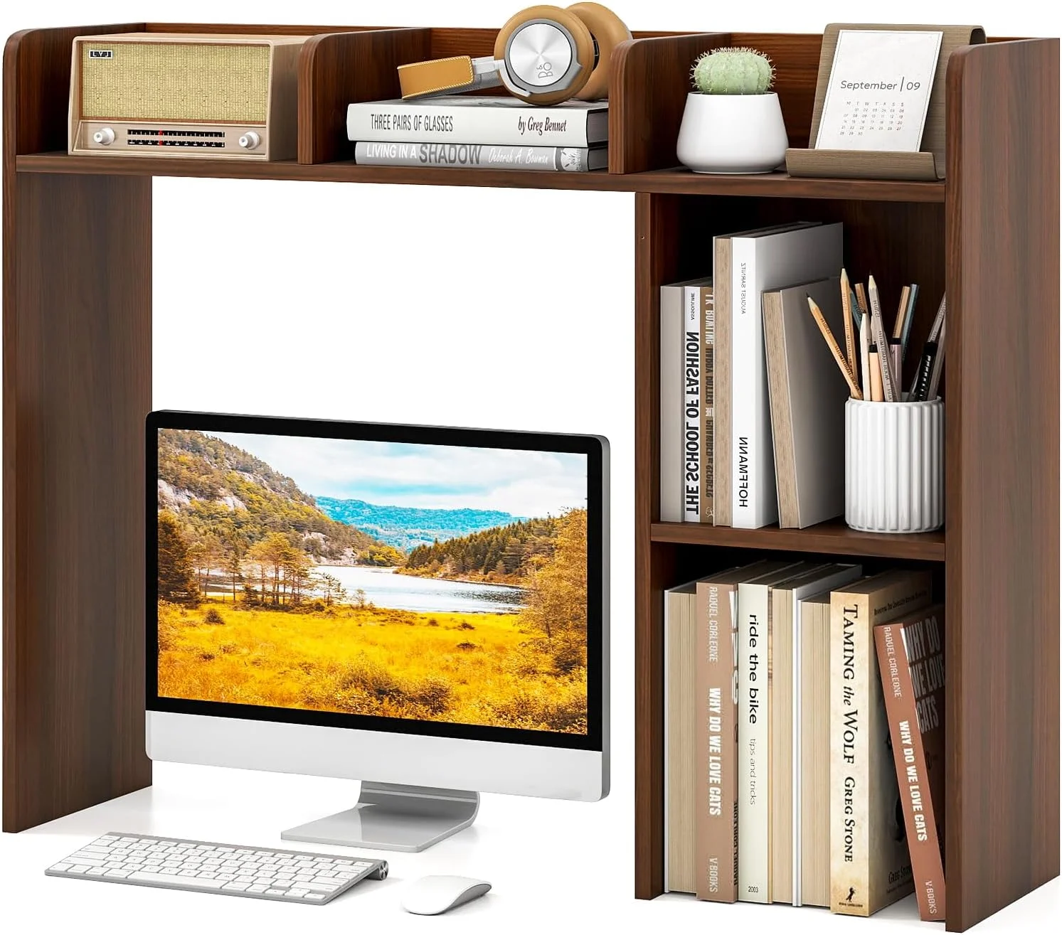 Desktop Bookshelf, Countertop Storage Hutch with 5 Shelves for Computer Desk, 3-Tier Display Rack, Multipurpose Wood Storage Organizer for Dorm Office Home - Image 24