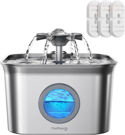 Cat Water Fountain Stainless Steel,FEELNEEDY 2.8L/95oz Water Fountain Indoor Cat,Quiet Automatic Silent Pet Water Fountain,Dog Drinking Fountain with Replacement 3Filters for Multiple Pets,FN-W22