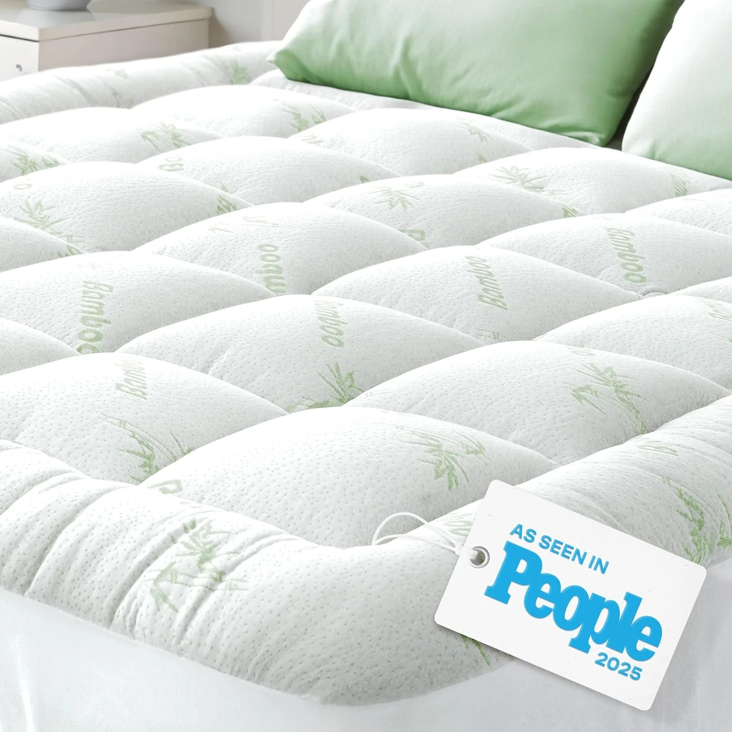 Bamboo Mattress Topper Queen Size - Thick Breathable Pillow Top Mattress Pad for Back Pain Relief - Deep Pocket Topper Fits 8-20 Inches (60x80 Inches, Green) - Image 2