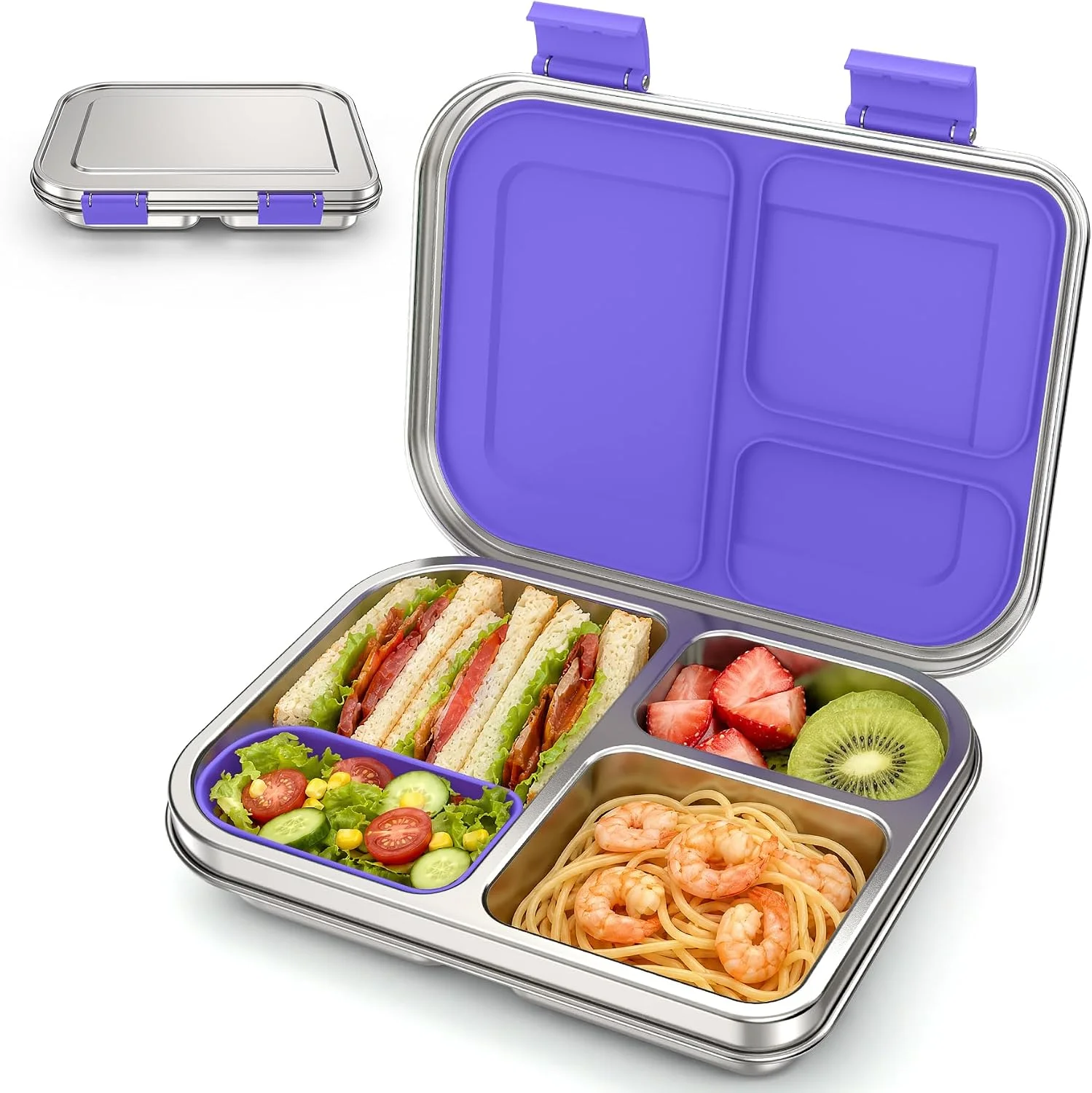 BABHAMNESS Stainless Steel Bento Box Kids, 3 Compartments Leak Proof Metal Bento Lunch Box, 304 Stainless Steel Bento Lunch Containers for School and Office, Dishwasher Safe, BPA-Free-Blue - Image 3