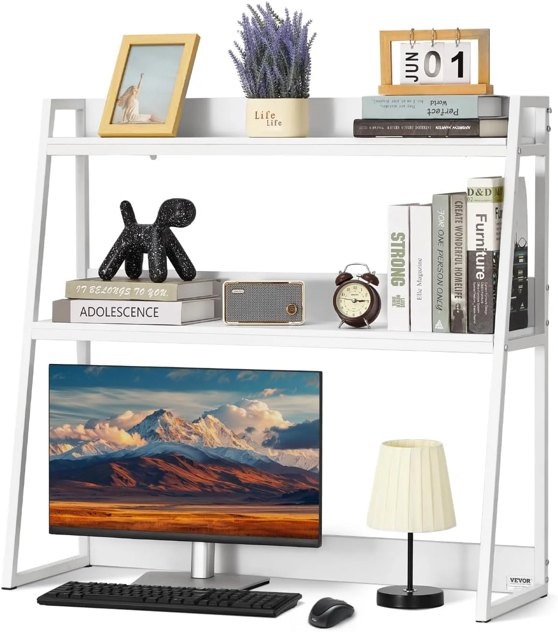 Wood Desk Shelf, Desktop Bookshelf, Desk Storage Hutch with 6 Shelves, Office Countertop Organizer 3-Tier Display Rack, with Anti-Slip Feet Pads, for Office, Home & Dorm, White - Image 2