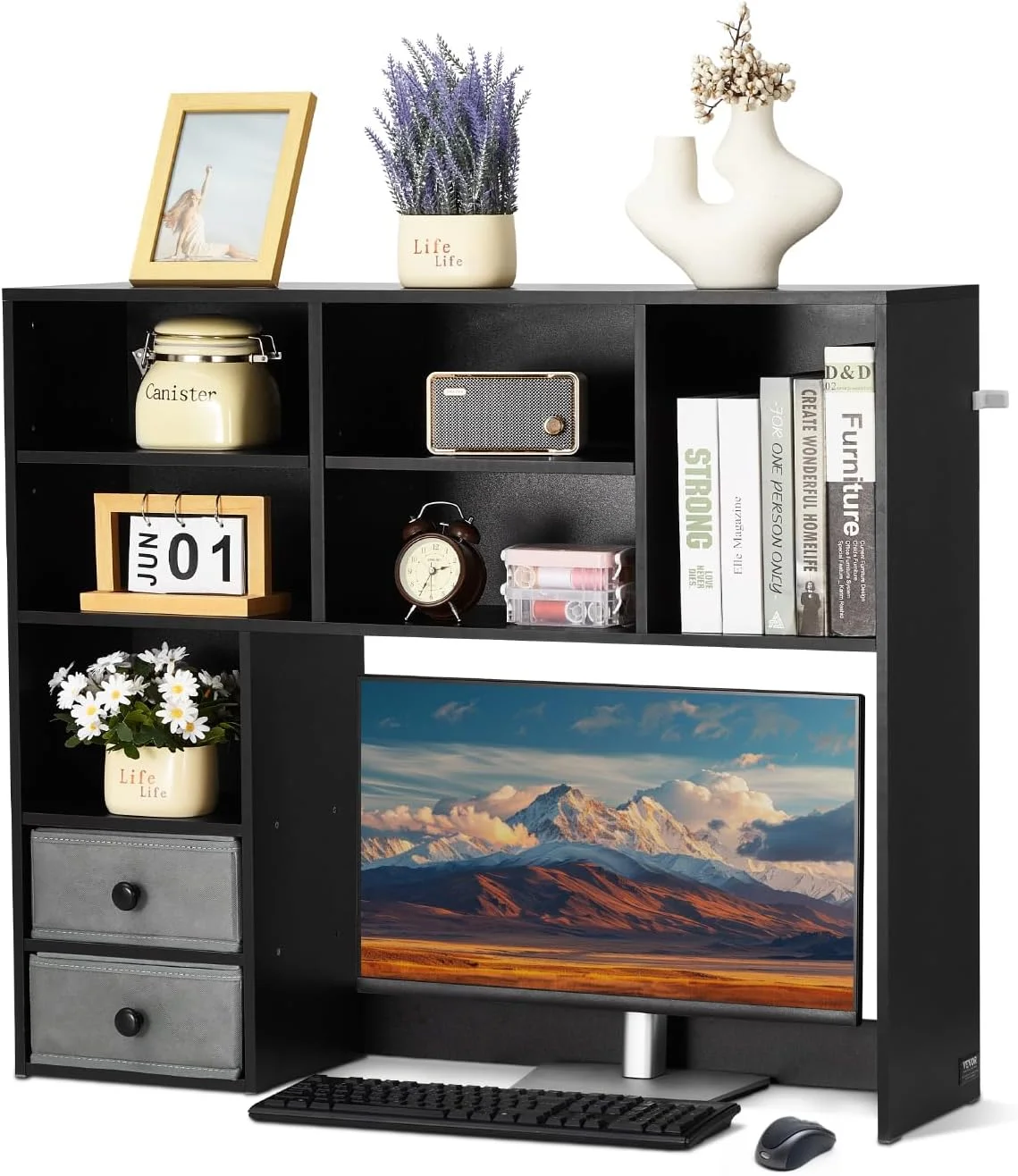 Wood Desk Shelf, Desktop Bookshelf, Desk Storage Hutch with 6 Shelves, Office Countertop Organizer 3-Tier Display Rack, with Anti-Slip Feet Pads, for Office, Home & Dorm, White - Image 8
