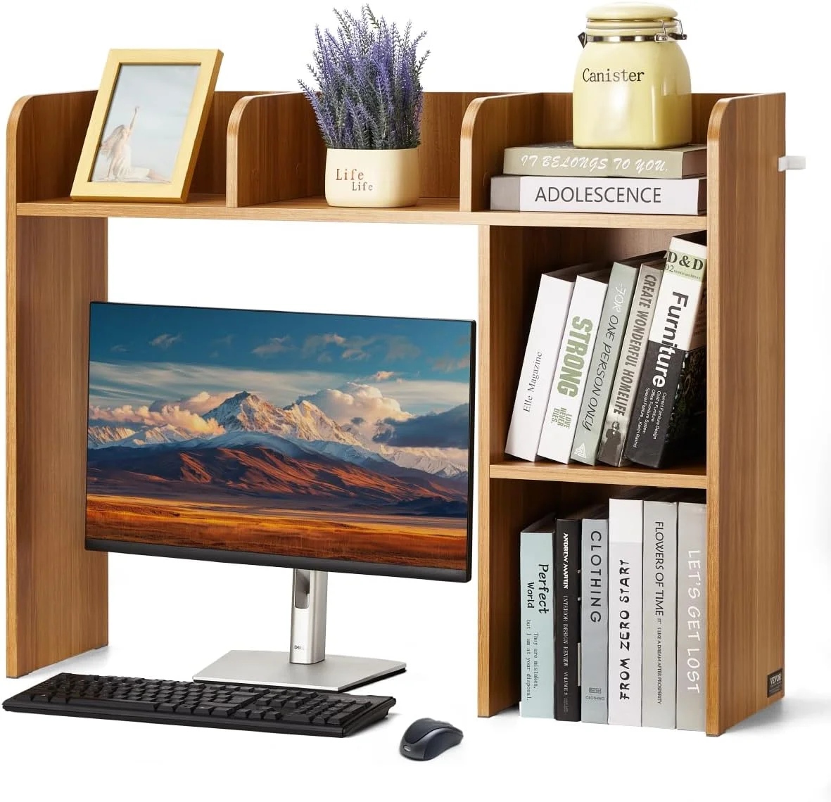 Wood Desk Shelf, Desktop Bookshelf, Desk Storage Hutch with 6 Shelves, Office Countertop Organizer 3-Tier Display Rack, with Anti-Slip Feet Pads, for Office, Home & Dorm, White - Image 5