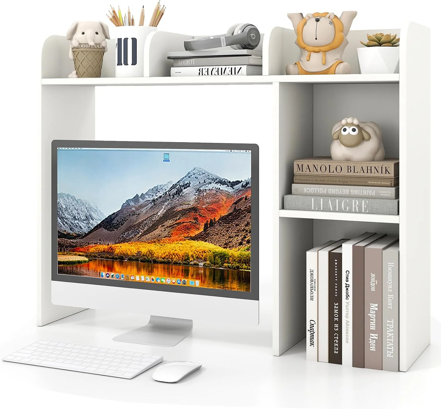 Desktop Bookshelf, 37 Desk Hutch Dorm for Computer Up to 32 Inch, Countertop Hutch w/6 Storage Shelves, 3-Tier Desktop Organizer Display Rack, Wood Desk Shelf for Home Office (Natural) - Image 2