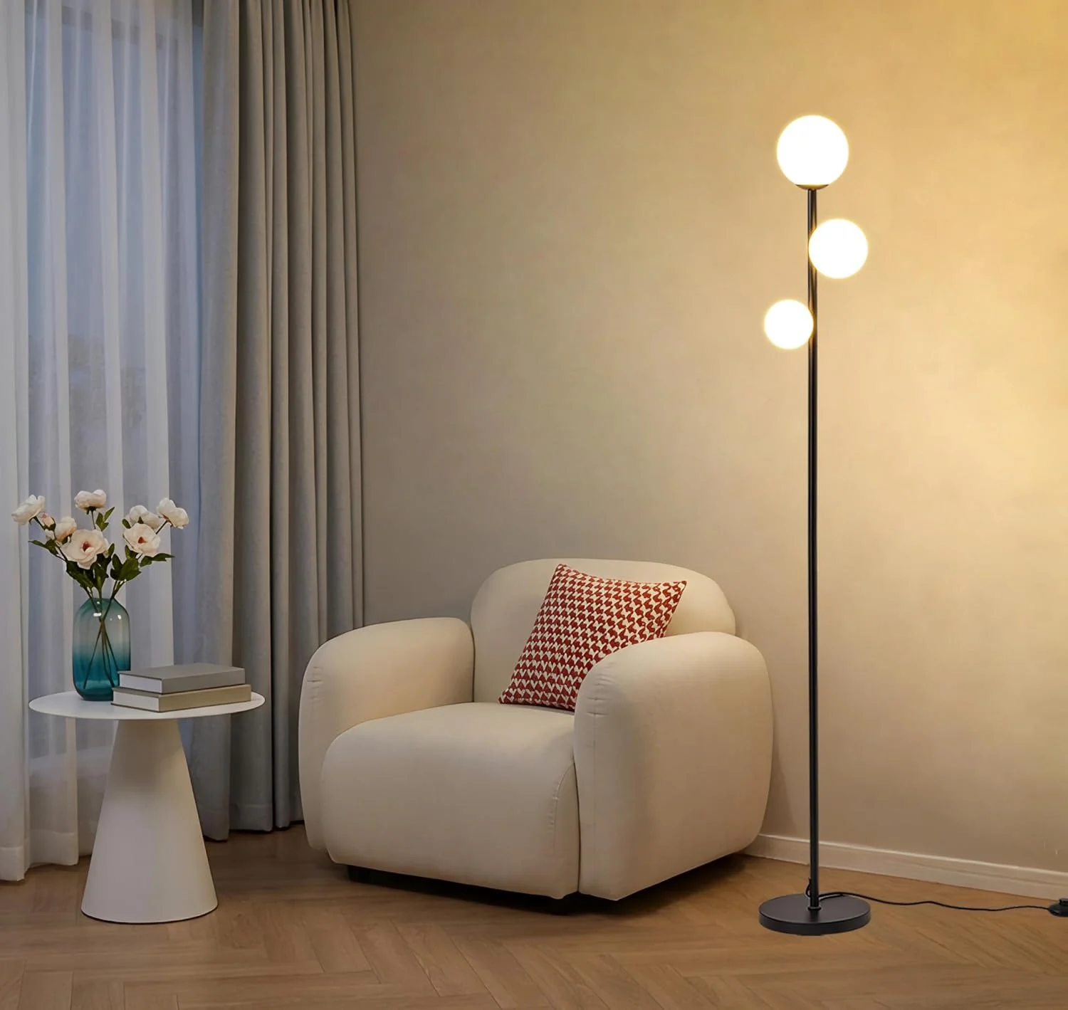 3 Globe Floor Lamp Mid Century Modern, Gold Standing Lamp with Frosted Glass Shade & LED Bulbs, Tall Pole Light with Foot Switch for Living Room - Image 2