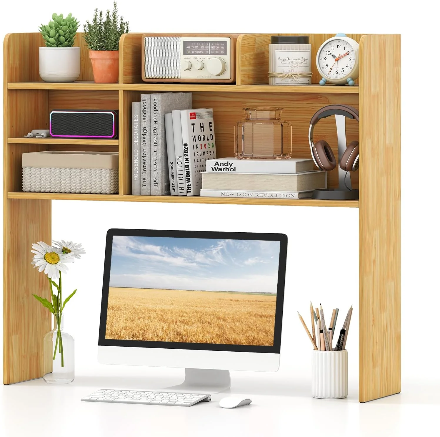 Desktop Bookshelf, Countertop Storage Hutch with 5 Shelves for Computer Desk, 3-Tier Display Rack, Multipurpose Wood Storage Organizer for Dorm Office Home - Image 16