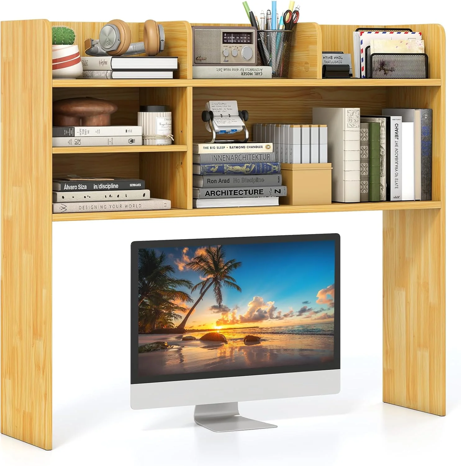 Desktop Bookshelf, 37 Desk Hutch Dorm for Computer Up to 32 Inch, Countertop Hutch w/6 Storage Shelves, 3-Tier Desktop Organizer Display Rack, Wood Desk Shelf for Home Office (Natural) - Image 19