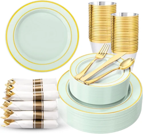 Alternative view of Pieces Black and Gold Plastic Plates with Disposable Silverware, Include 50 Dinner Plates 9??, 50 Dessert Plates 6.3??, 50 Black Cups 9 OZ
