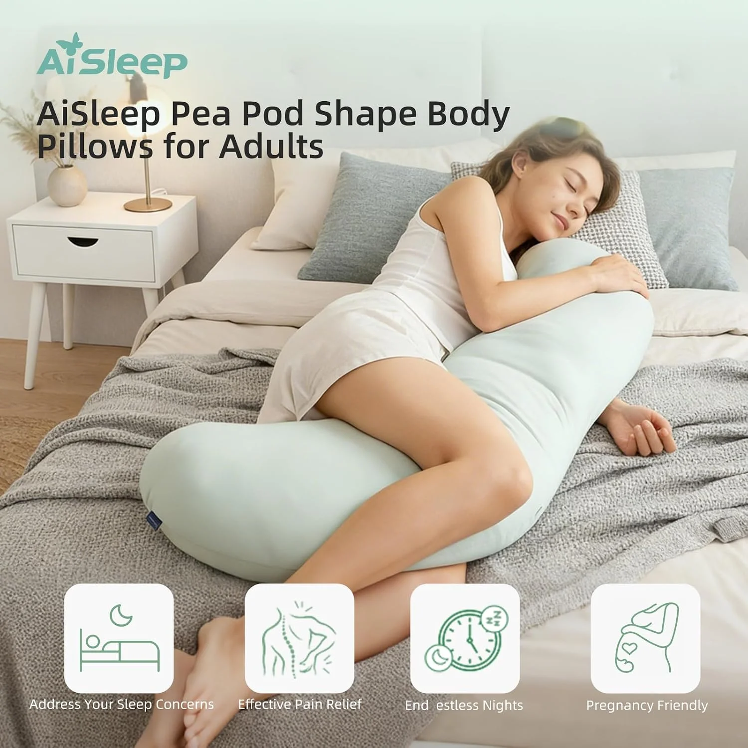 AISLEEP Body Pillow for Adults, Full Body Pillow for Side Sleepers, Long Bed Pillow, Memory Foam Firm Pillow, Pea Pod Shape Long Pillow for Pregnancy Sleeping Full Body Support - Image 2