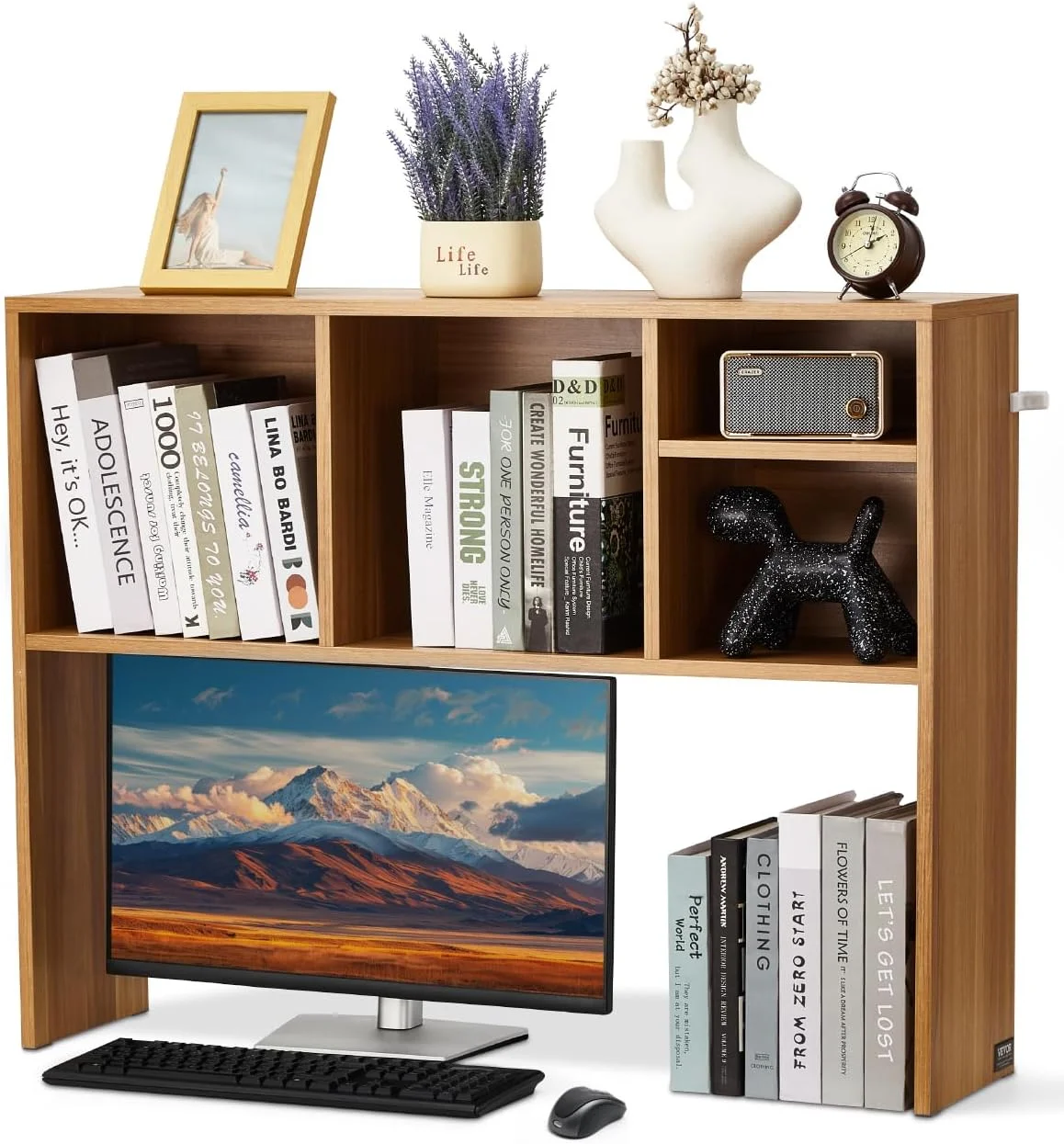 Wood Desk Shelf, Desktop Bookshelf, Desk Storage Hutch with 6 Shelves, Office Countertop Organizer 3-Tier Display Rack, with Anti-Slip Feet Pads, for Office, Home & Dorm, White - Image 9
