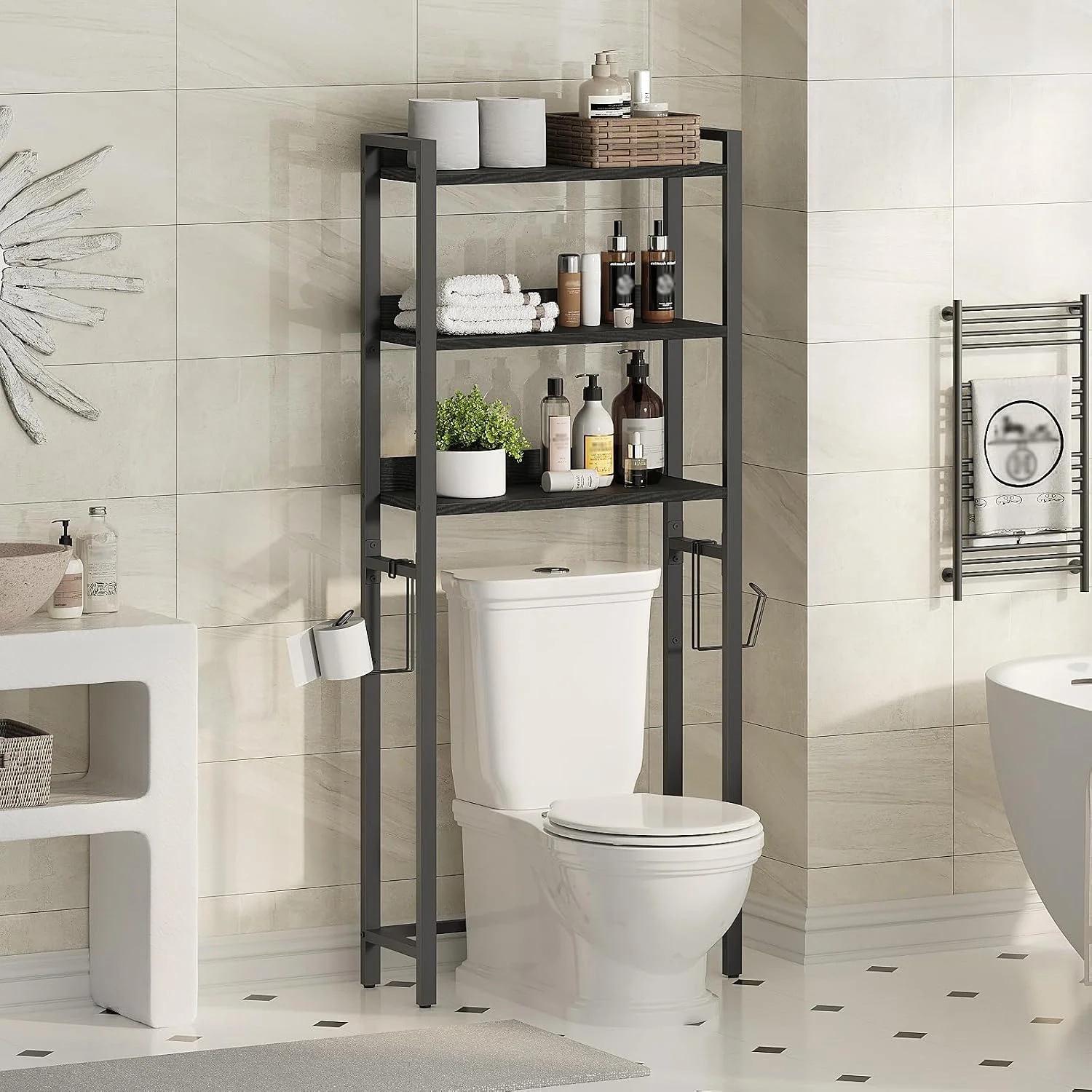 Over The Toilet Storage Rack, 4 Tier Bathroom Organizer Over Toilet, Freestanding Space Saver Toilet Stand with 2 Hooks, Bathroom Storage Shelf, Easy to Assemble, Rustic Brown TSHR0401Z - Image 2