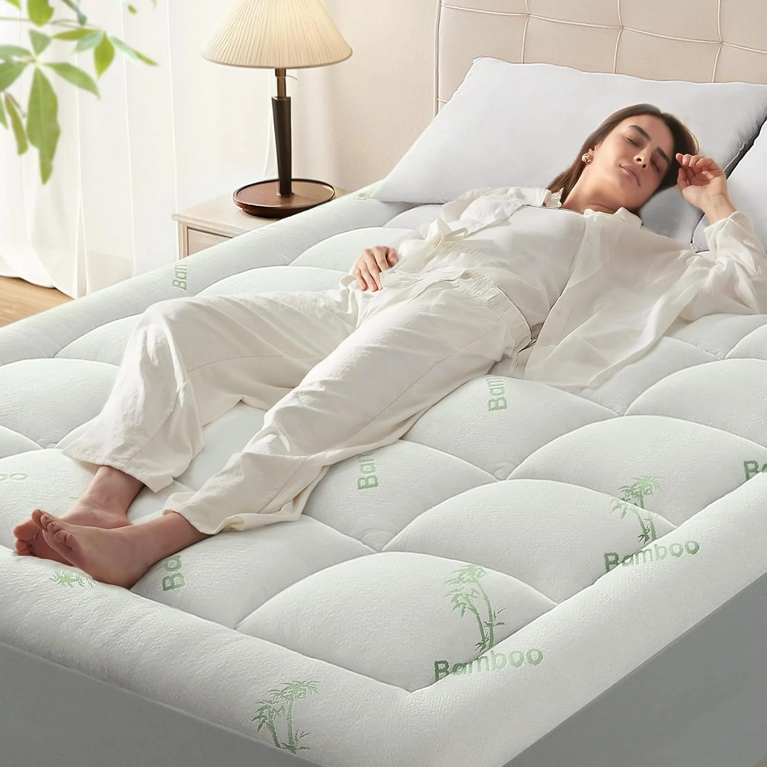 SunStyle Home Memory Foam Mattress Topper Double/Full for Back Pain, Rayon Derived from Bamboo Pillow Top Mattress Topper,Thick Mattress Pad with 8-21 Deep Pocket, 54x75 Inches, White