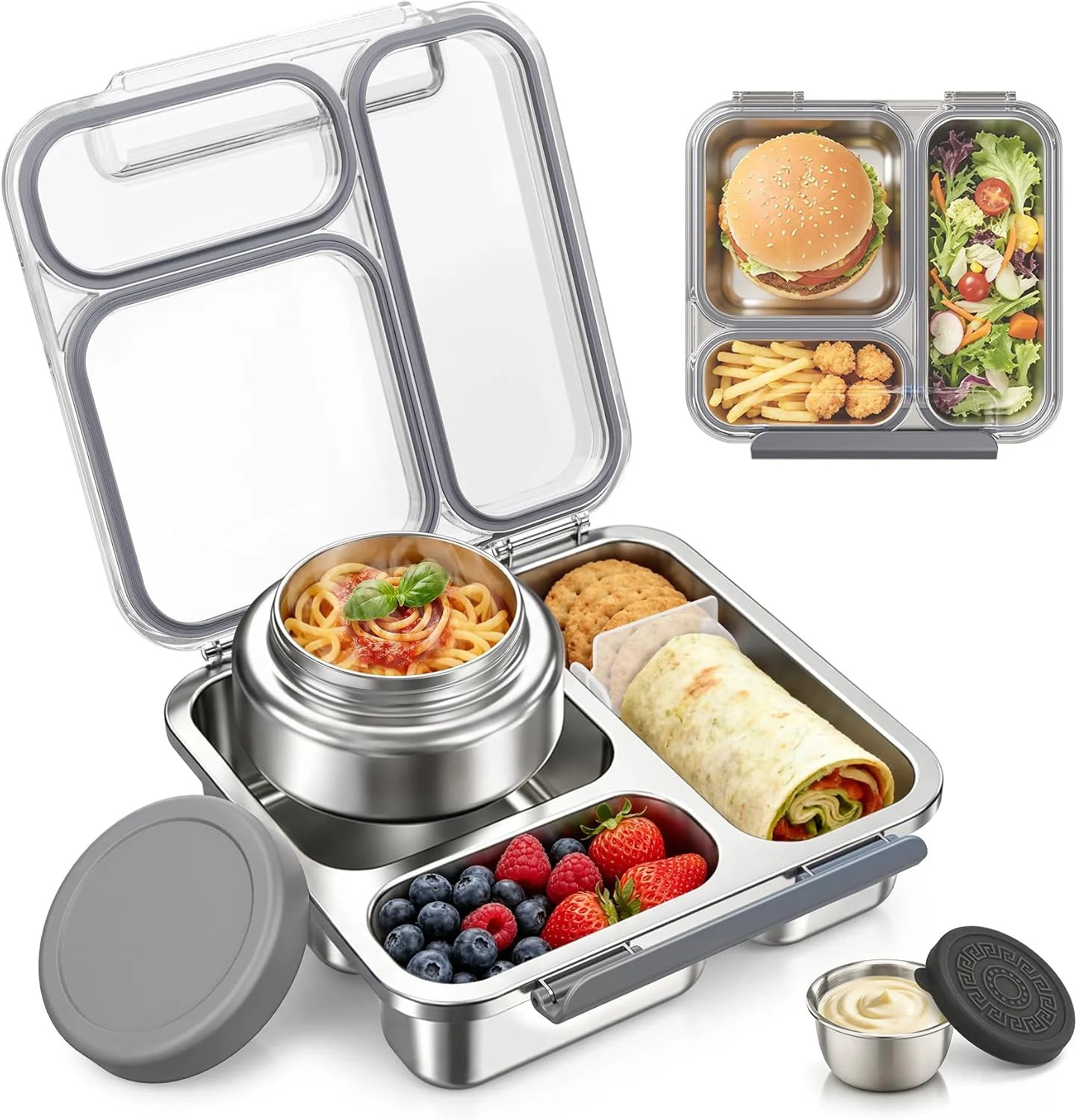 Pawtong Stainless Steel Bento Box Kids Adult with 7oz Insulated Food Jar, Transparent Lid Metal Lunch Box With Soup Thermal Jar, Lunch Box Container with Removable Divider & Sauce Cup School (Pink)