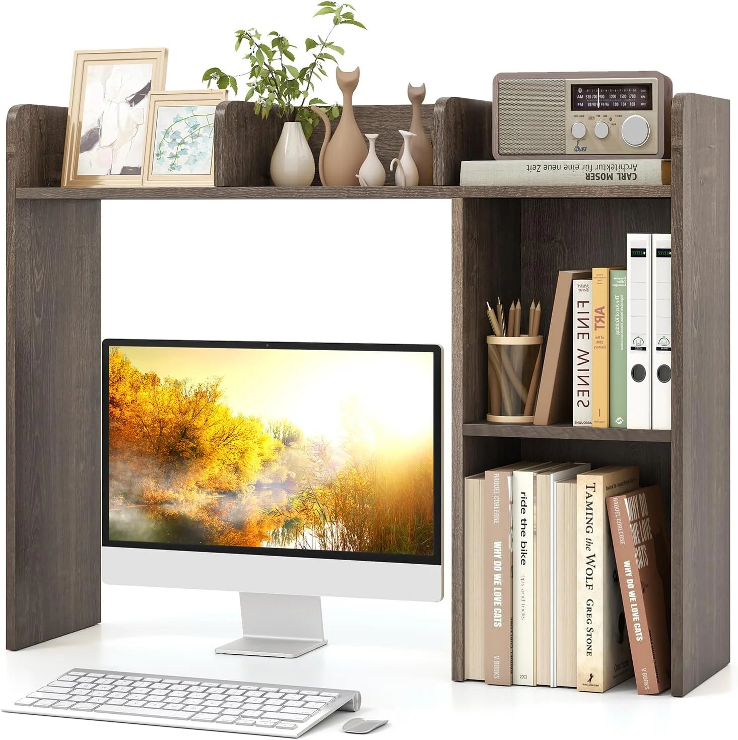 Desktop Bookshelf, Countertop Storage Hutch with 5 Shelves for Computer Desk, 3-Tier Display Rack, Multipurpose Wood Storage Organizer for Dorm Office Home - Image 4