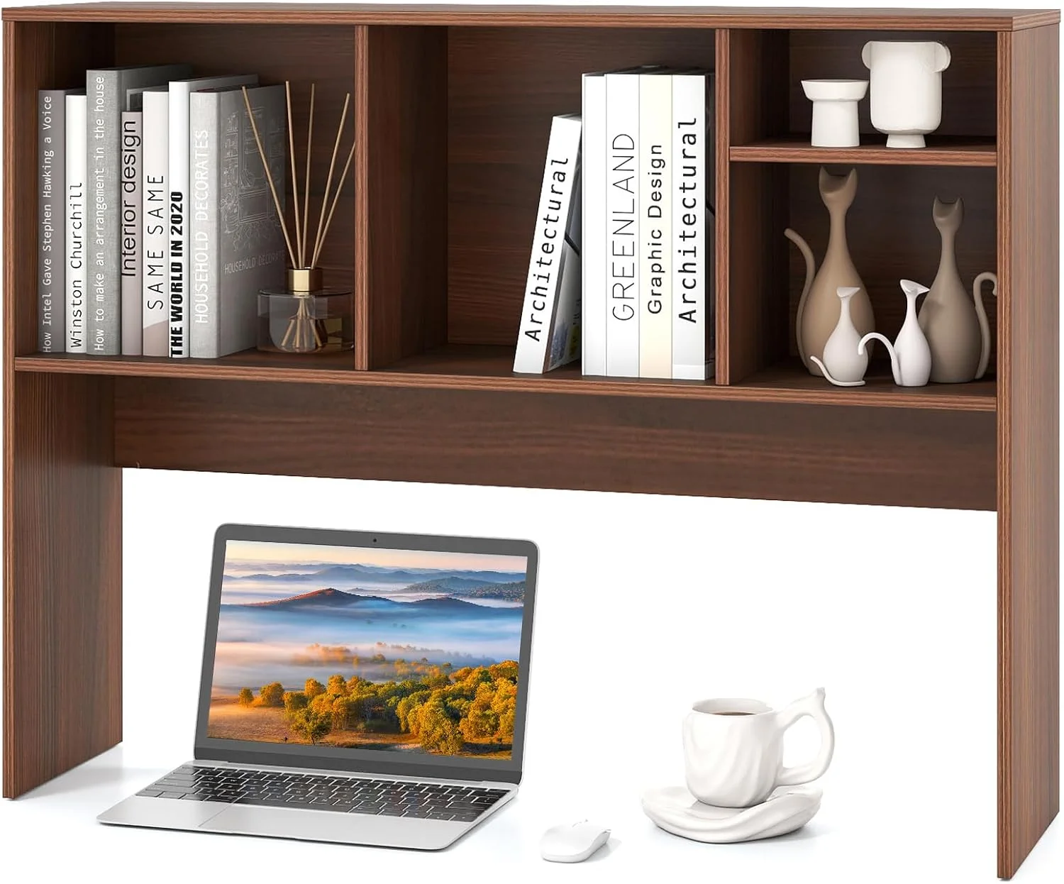 Desktop Bookshelf, Countertop Storage Hutch with 5 Shelves for Computer Desk, 3-Tier Display Rack, Multipurpose Wood Storage Organizer for Dorm Office Home - Image 3