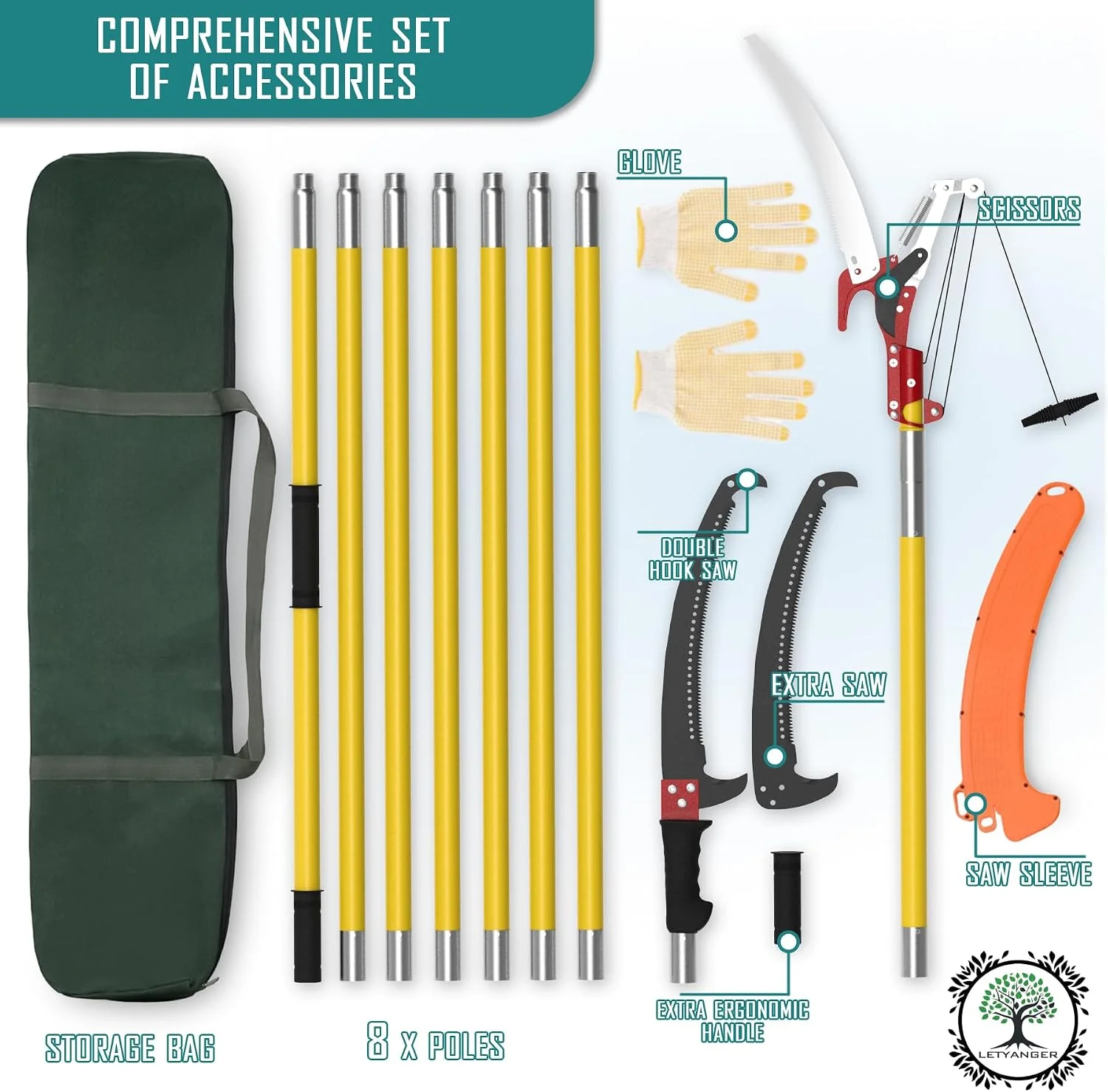 Extendable Long Handle Pole Saw with Blade and Branch Scissors - Image 2