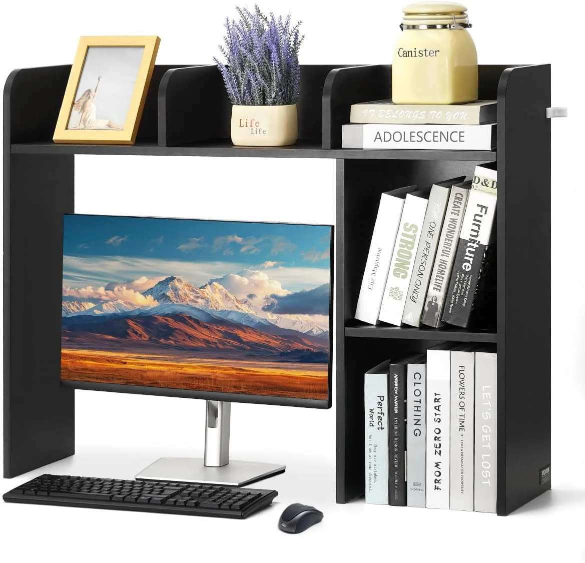 Wood Desk Shelf, Desktop Bookshelf, Desk Storage Hutch with 6 Shelves, Office Countertop Organizer 3-Tier Display Rack, with Anti-Slip Feet Pads, for Office, Home & Dorm, White - Image 3