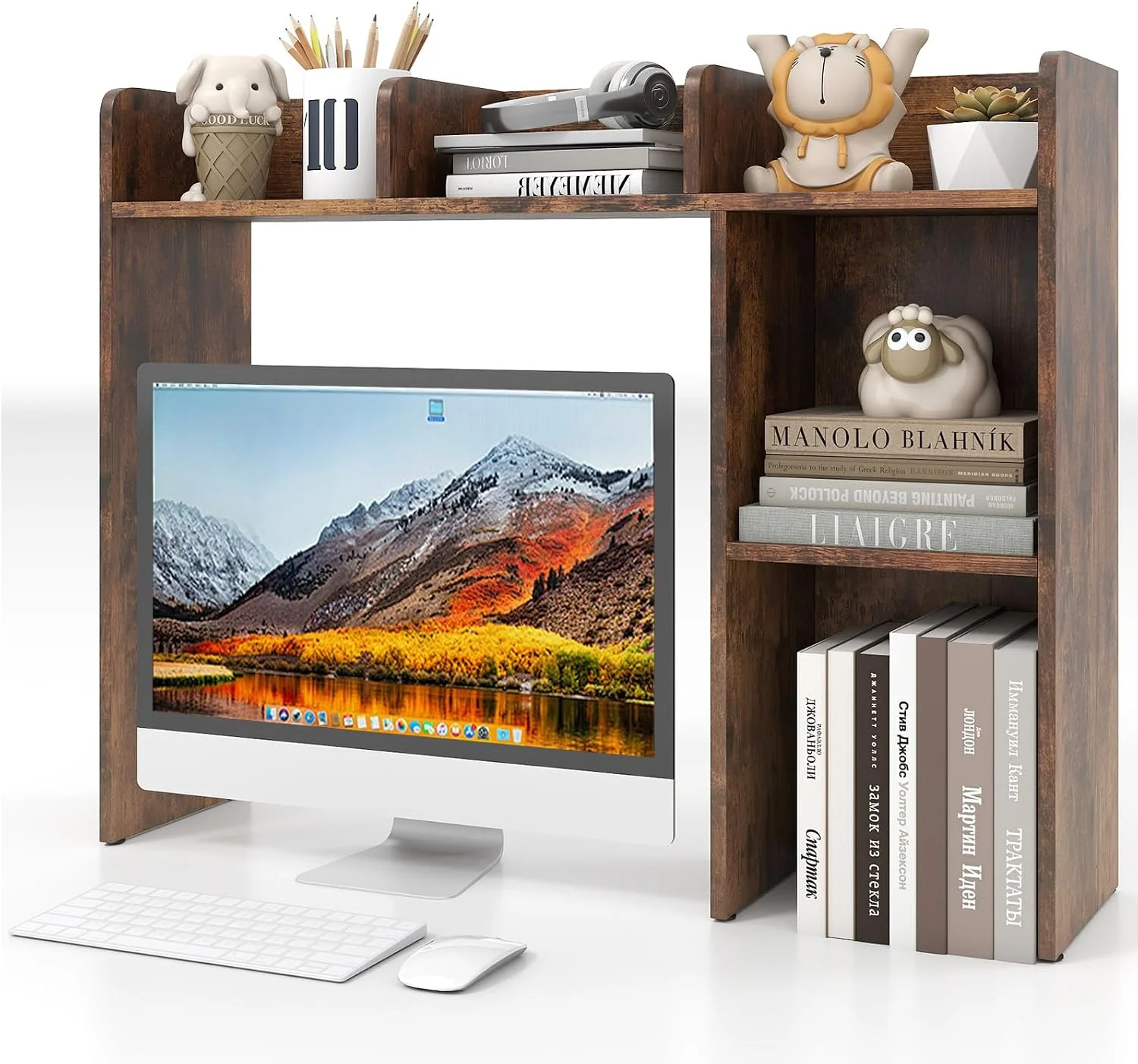 Desktop Bookshelf, 37 Desk Hutch Dorm for Computer Up to 32 Inch, Countertop Hutch w/6 Storage Shelves, 3-Tier Desktop Organizer Display Rack, Wood Desk Shelf for Home Office (Natural) - Image 18