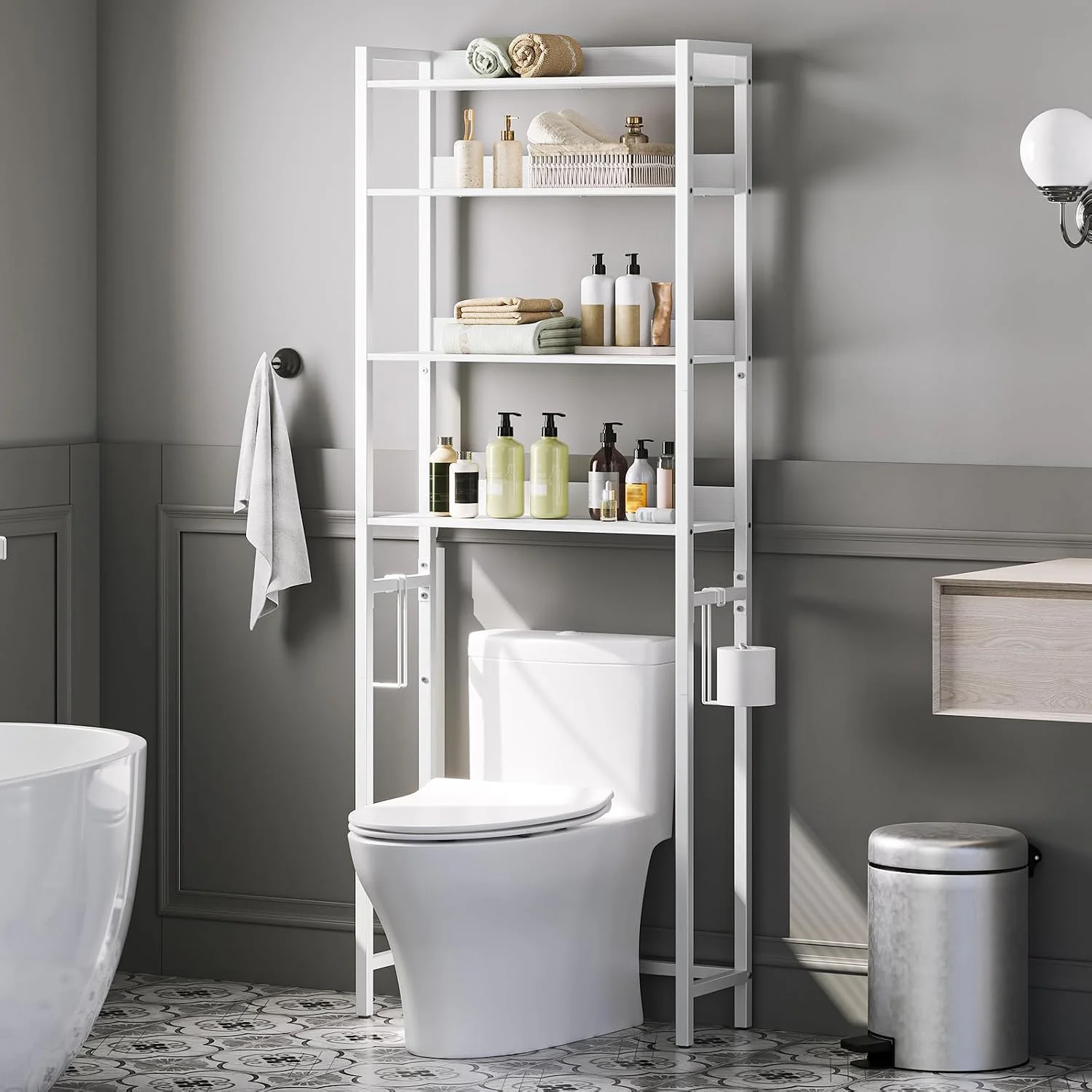 Over The Toilet Storage Rack, 4 Tier Bathroom Organizer Over Toilet, Freestanding Space Saver Toilet Stand with 2 Hooks, Bathroom Storage Shelf, Easy to Assemble, Rustic Brown TSHR0401Z - Image 5