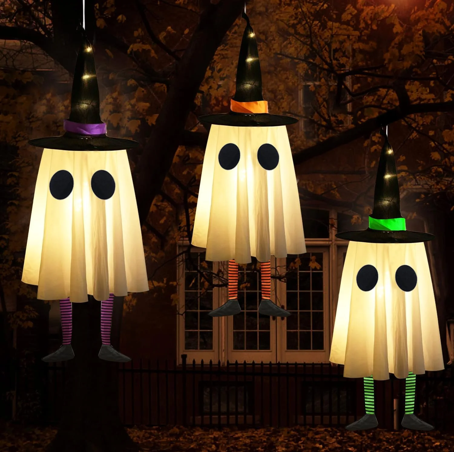 Decorations Outdoor, Spooky Ghost Halloween Decor with Witch Hat - Image 2
