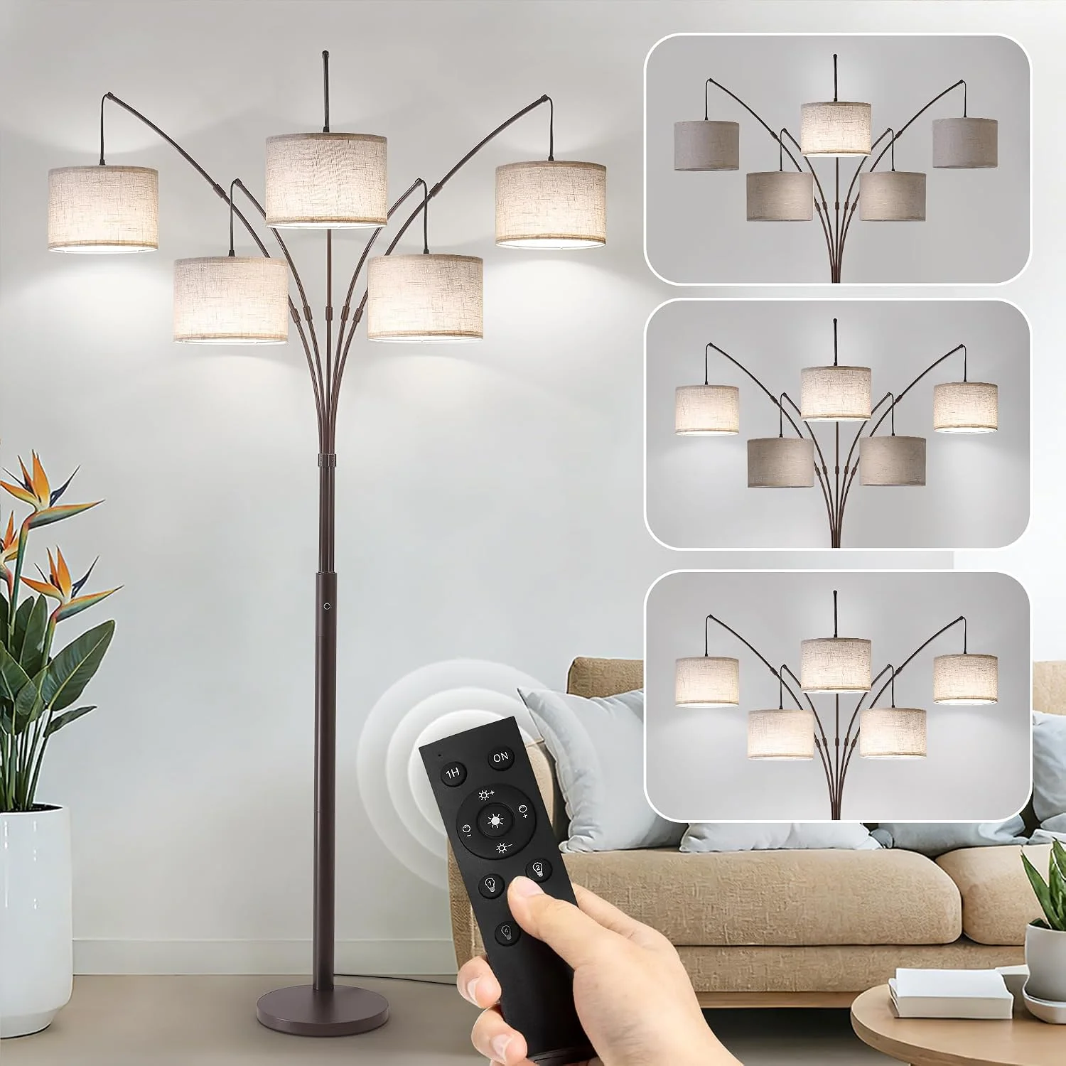 3 Light Arc Floor Lamp with Remote, Beige Shade Black Pole - Image 4
