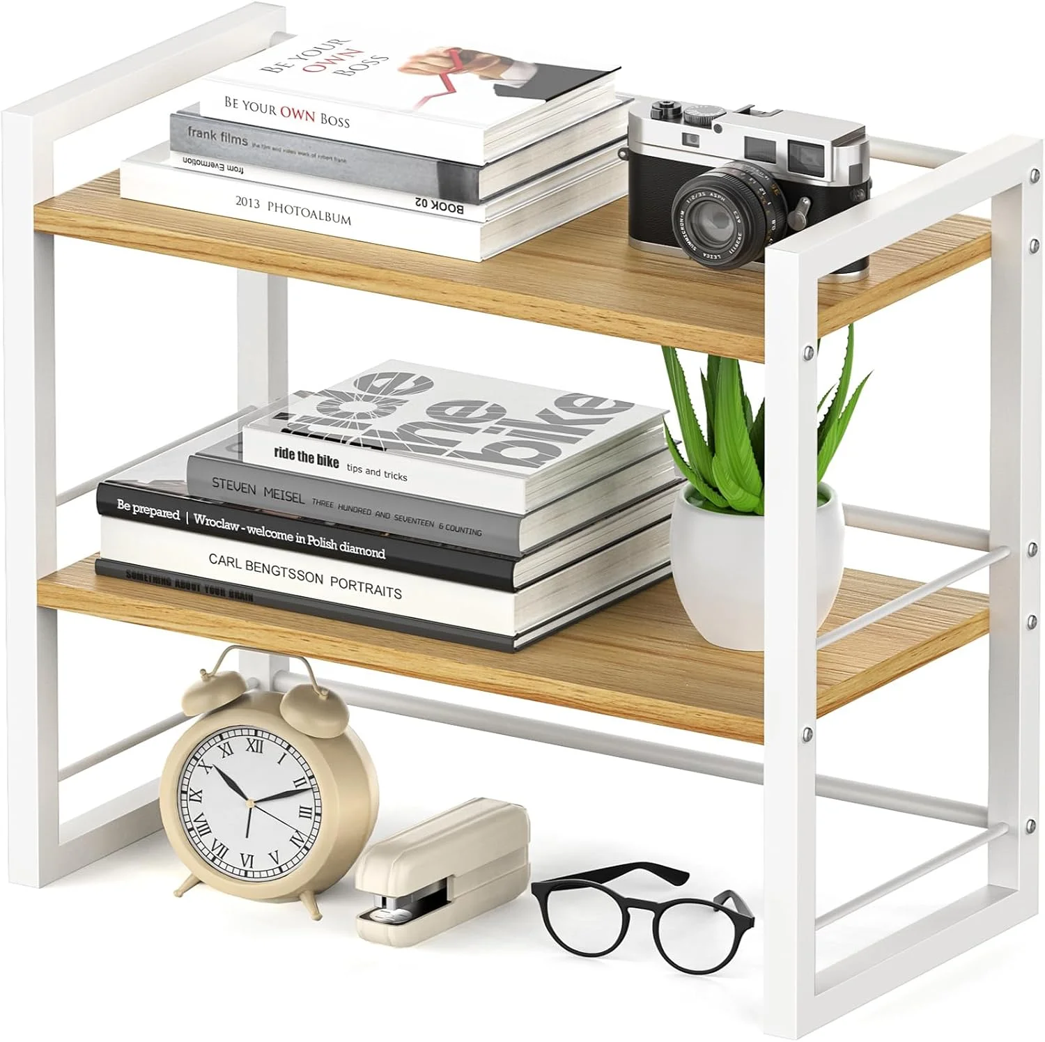 Office Desk Shelf Organizer, Wood Desktop Bookshelf Supplies Storage Rack, Shelf for Top of Desk and Dresser (Black-2 Tier) - Image 3