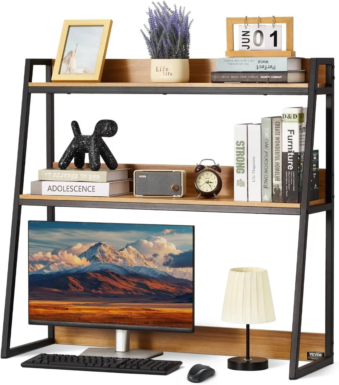 Wood Desk Shelf, Desktop Bookshelf, Desk Storage Hutch with 6 Shelves, Office Countertop Organizer 3-Tier Display Rack, with Anti-Slip Feet Pads, for Office, Home & Dorm, White - Image 7