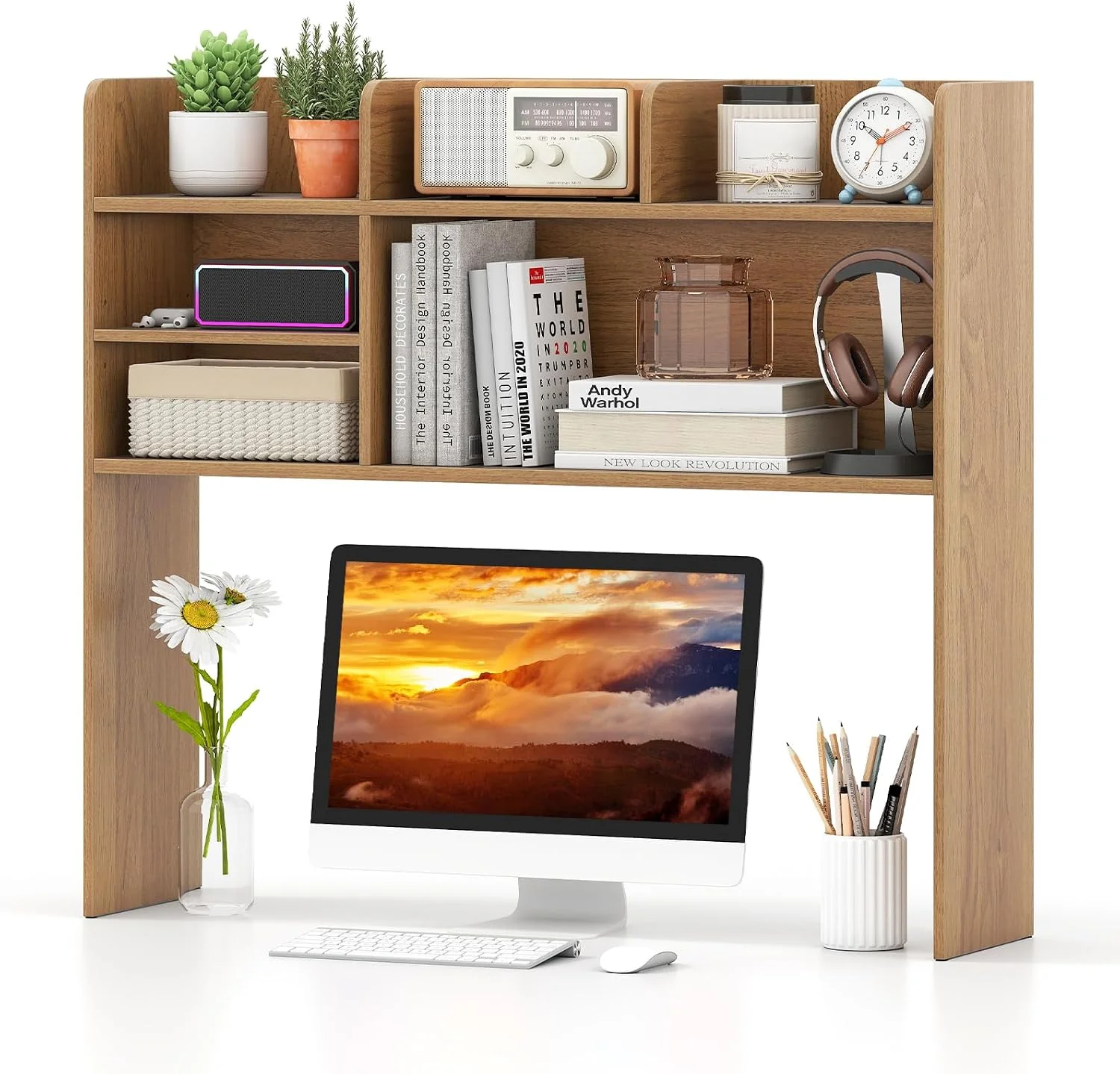Desktop Bookshelf, Countertop Storage Hutch with 5 Shelves for Computer Desk, 3-Tier Display Rack, Multipurpose Wood Storage Organizer for Dorm Office Home - Image 26