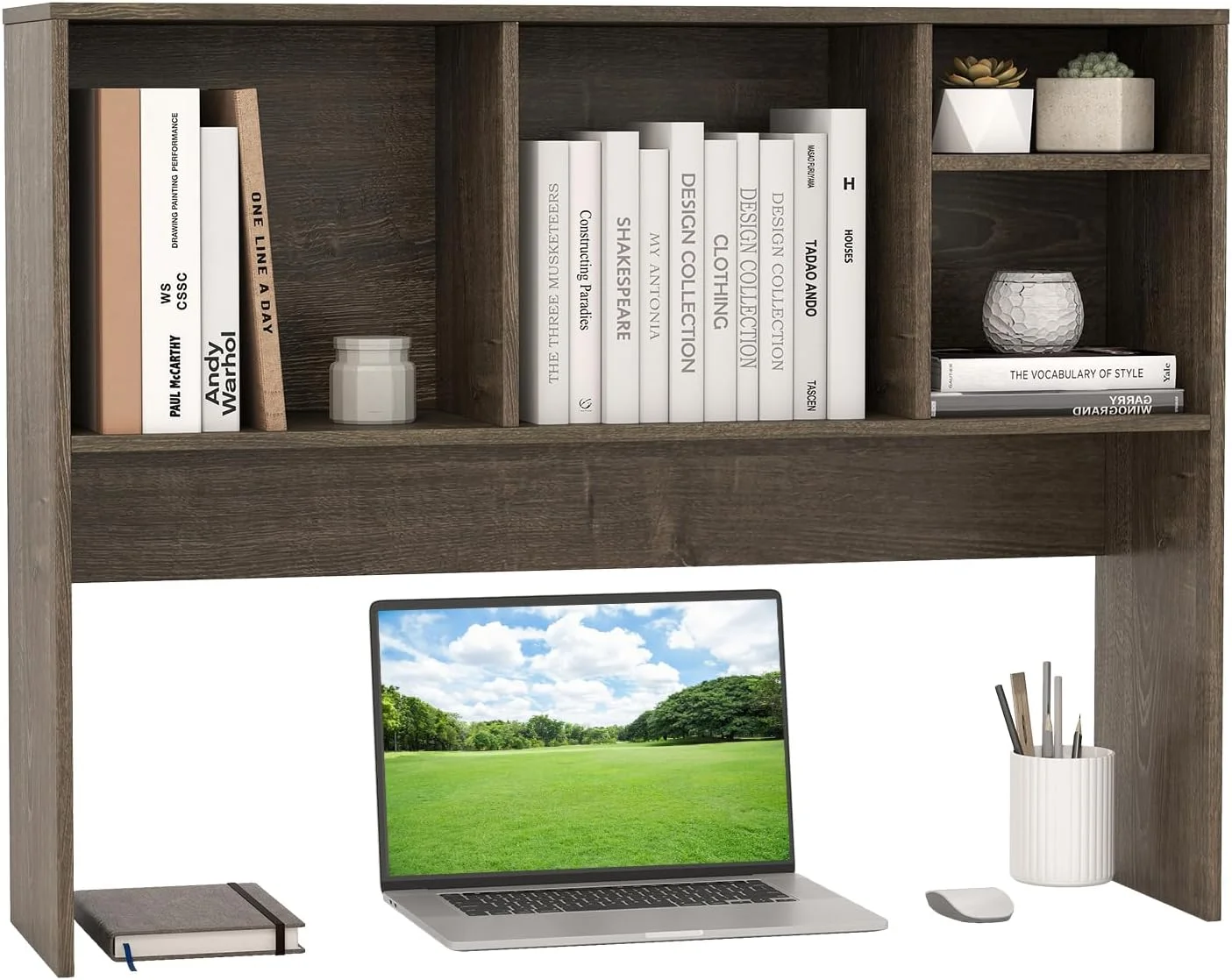 Desktop Bookshelf, 37 Desk Hutch Dorm for Computer Up to 32 Inch, Countertop Hutch w/6 Storage Shelves, 3-Tier Desktop Organizer Display Rack, Wood Desk Shelf for Home Office (Natural) - Image 23