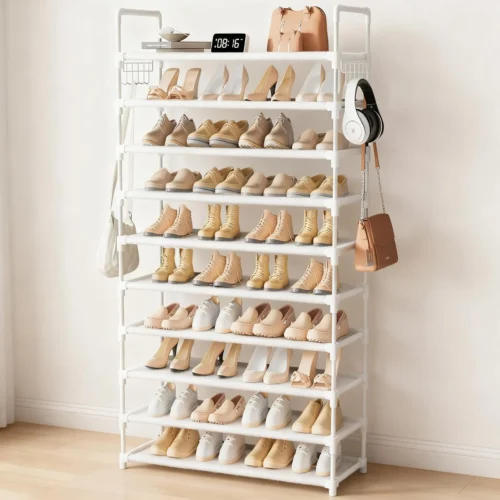10 Tier Shoe Rack, Large Capacity Tall Shoe Storage Organizer Holds 50-55 Pairs Shoes and Boots, Vertical Shoe Shelf Cabinet with Versatile Hooks for Closet Entryway Garage Bedroom